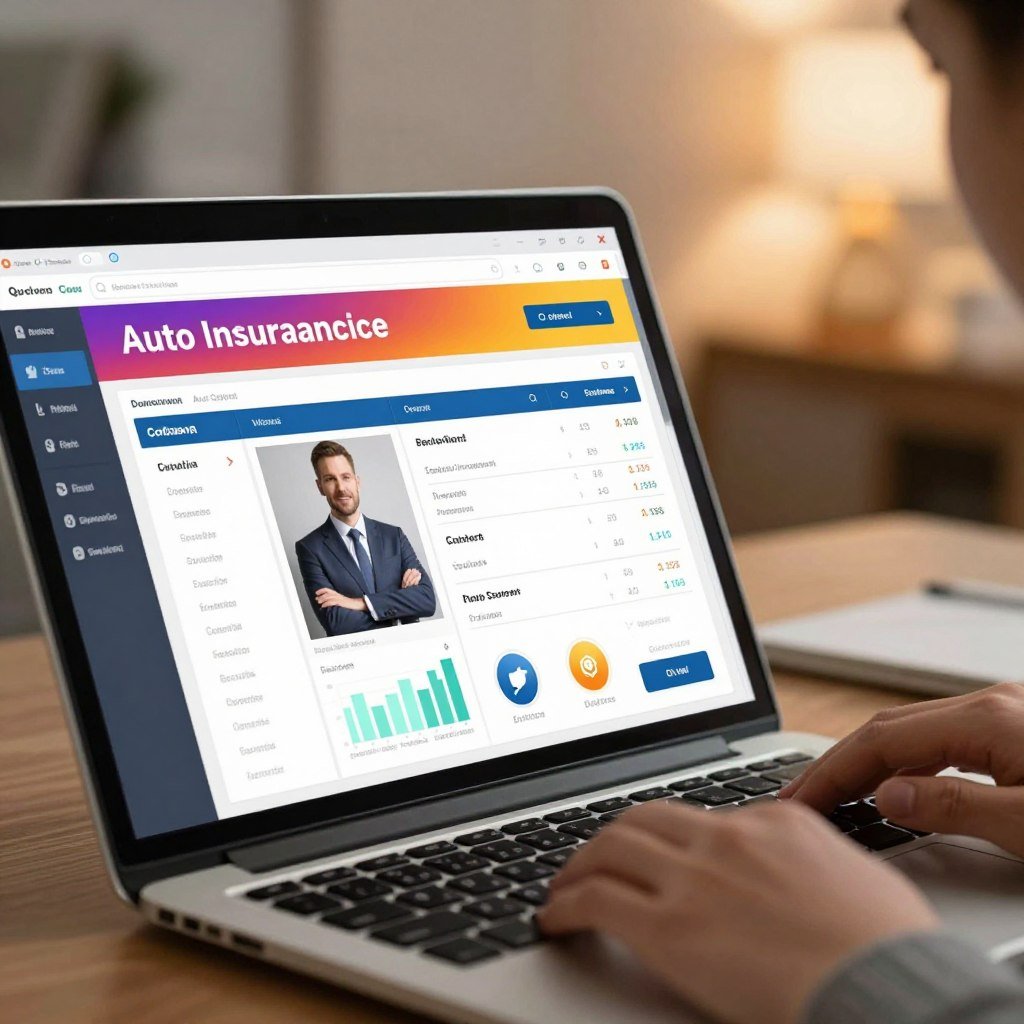 A close-up view of a computer screen displaying an auto insurance quote calculator, featuring vibrant colors and modern design elements. The foreground showcases a sleek laptop with a bright, interactive interface, detailing various auto insurance options with graphs and icons. In the middle ground, there’s a professional individual in business attire, focused on the screen, engaged in the process of obtaining a quote. The background features a softly blurred home office setting, with warm ambient lighting creating a welcoming atmosphere. The overall mood is one of clarity and accessibility, reinforcing the theme of demystifying auto insurance quotes.