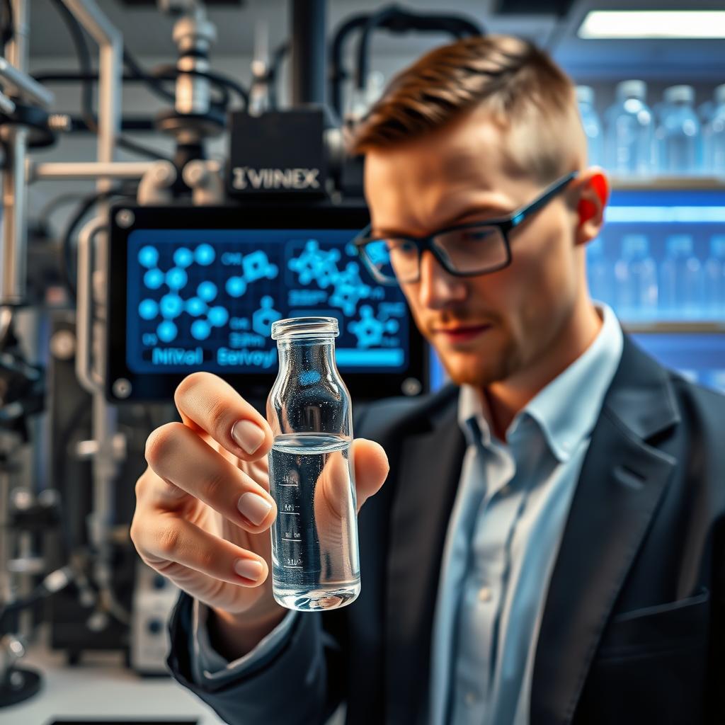 A close-up view of innovative phenoxyethanol applications in a high-tech laboratory setting. In the foreground, a skilled researcher in professional business attire examines a transparent vial containing a shimmering liquid, with a backdrop of complex machinery and scientific equipment. The middle layer shows a digital interface displaying molecular structures and chemical formulas, illuminated by soft blue LED lighting that enhances a futuristic atmosphere. In the background, sleek glass containers and organized laboratory shelves filled with high-end analytical tools create a sense of professionalism and precision. The overall mood is one of focus and innovation, with a clean, sterile environment that emphasizes the cutting-edge aspect of phenoxyethanol technologies. The image should be captured with a shallow depth of field to highlight the details while softly blurring the background.