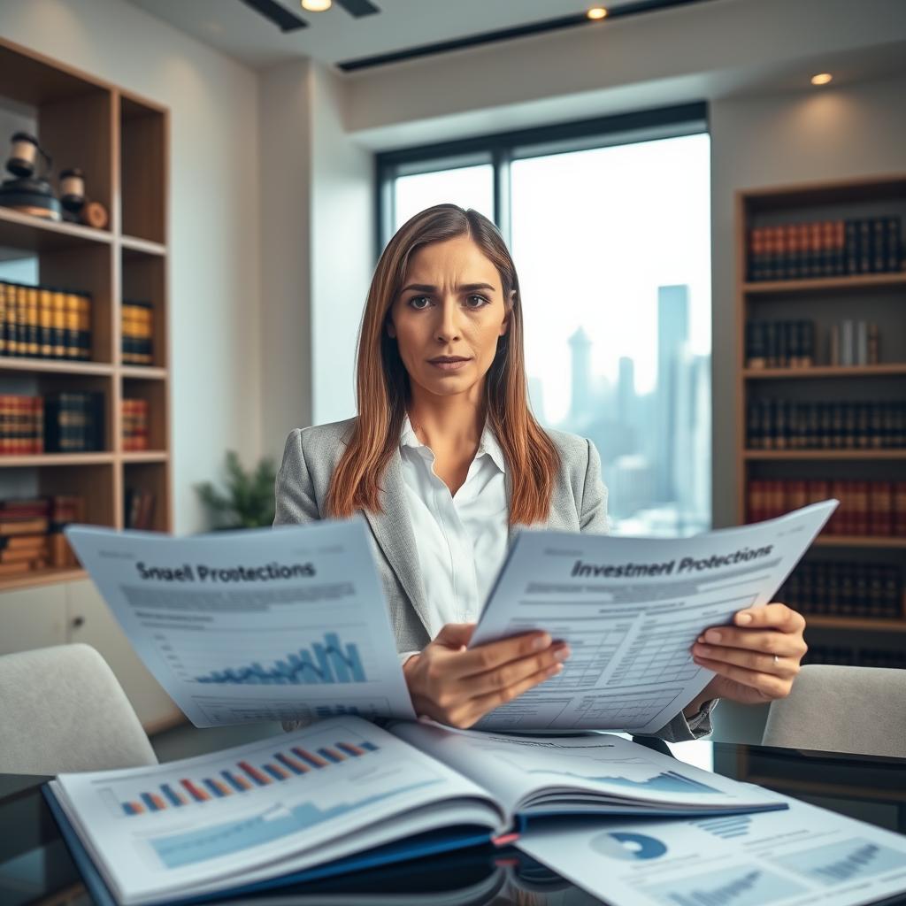 A confident businesswoman in a sleek, modern office setting, reviewing financial documents with a concerned expression. In the foreground, open folders filled with graphs and reports detailing shareholder protections. The middle ground features a large window showcasing a city skyline, symbolizing investment opportunities. The background includes a bookshelf lined with legal texts and financial analysis books, emphasizing authority and knowledge. Soft, natural lighting filters through the window, creating a warm yet professional atmosphere, while the camera angle is slightly above eye level, highlighting the importance of the subject. The overall mood reflects diligence, responsibility, and the critical nature of investor protections.