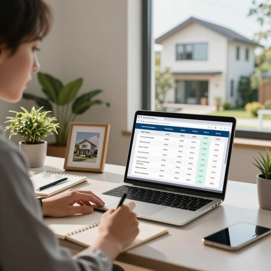 A contemporary home office scene, focusing on a sleek desk with a laptop displaying a digital comparison of home insurance rates. In the foreground, a professional-looking adult in business attire is intently reviewing the data, with a notepad and pen in hand. The middle ground features a cozy area with houseplants, a framed picture of a recently renovated home, and an open window allowing natural sunlight to illuminate the workspace. The background shows a glimpse of the renovated house, emphasizing modern architectural features. The overall atmosphere is one of diligence and clarity, suggesting a sense of empowerment and informed decision-making. Soft, warm lighting enhances the inviting feel of the space, creating a blend of professionalism and comfort. The image should have a slight depth of field, keeping the focus on the individual and the laptop screen.