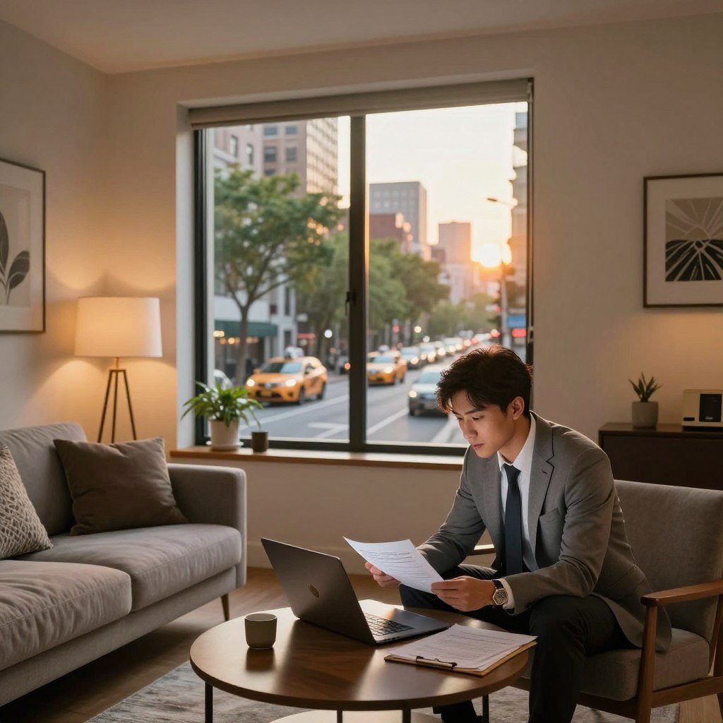 A cozy New York City apartment interior, showcasing a well-decorated living space with modern furniture and stylish decor. In the foreground, a young professional in business casual attire is reviewing documents and a laptop on a coffee table, symbolizing the importance of renters insurance. In the middle, a half-opened window reveals a glimpse of the bustling city streets outside, with yellow taxis and trees lining the sidewalk, adding an urban vibe. The background features a subtle glimpse of a skyline at dusk, with warm golden lighting flooding the room from the setting sun. The atmosphere is one of security and peace, reflecting the idea of safeguarding one’s belongings. The image conveys a sense of professionalism and practicality, focused on renters insurance in NYC.