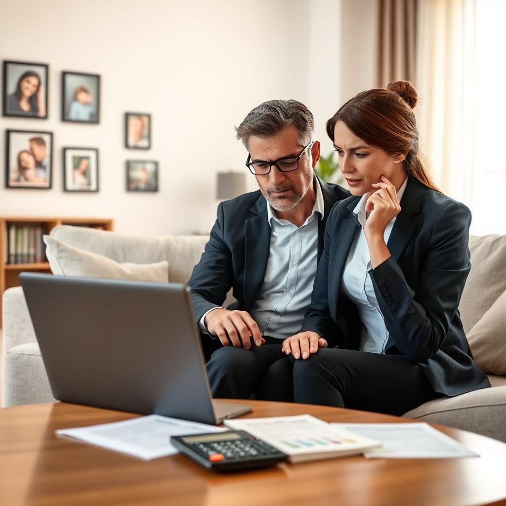 A cozy family living room, where a concerned couple sits together at a coffee table, looking at a laptop screen displaying life insurance options. The couple, a man and a woman in professional business attire, exude a thoughtful and serious demeanor, reflecting on their financial future. In the background, soft natural light filters through sheer curtains, illuminating family photos on the wall, symbolizing love and security. On the table, a few documents and a calculator emphasize the theme of planning and affordability. The atmosphere is warm and inviting, suggesting a safe space for discussing important financial decisions. The image should have a slight depth of field, focusing on the couple while softly blurring the background details to enhance the mood.