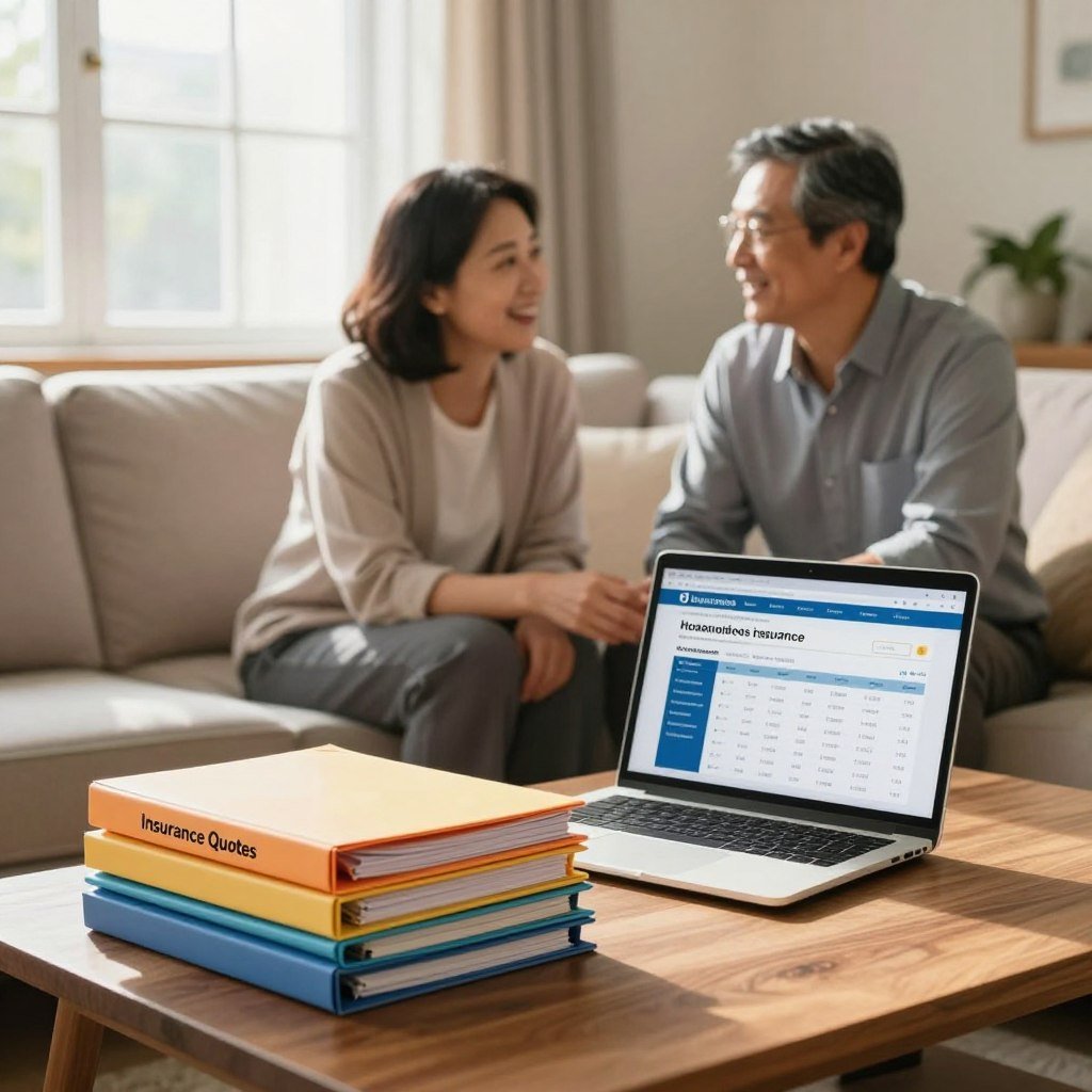 A cozy, inviting living room featuring a wooden coffee table displaying a laptop open to a homeowners insurance quote comparison page. In the foreground, a neatly arranged stack of colorful, labeled folders marked “Insurance Quotes.” A friendly middle-aged couple, dressed in professional business attire, sits on a comfortable sofa, appearing engaged in discussion. The background showcases warm natural light pouring in through a large window adorned with light curtains, adding a soft glow to the room. A potted plant is in the corner, creating an atmosphere of comfort and reassurance. The overall mood is positive and informative, emphasizing the concept of finding affordable options in a relaxed home setting.