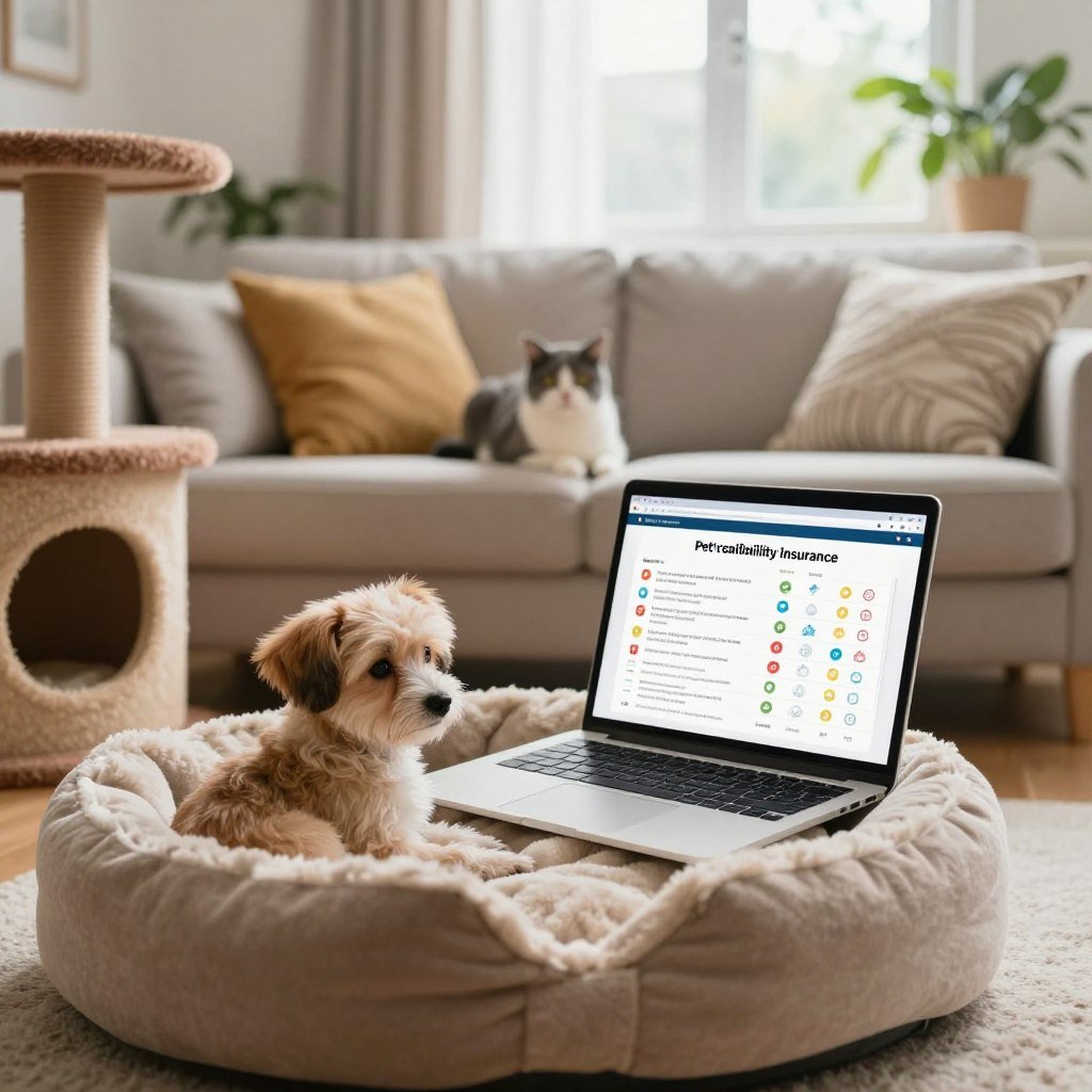 A cozy living room featuring a cute dog and cat resting near a stylish couch. The foreground includes a plush dog bed and a decorative cat tree, creating a welcoming atmosphere. In the middle, an open laptop displays a comparison chart for pet liability insurance, vividly detailed with colorful icons and checkboxes. The background shows a window with soft natural lighting streaming in, enhancing the warmth of the scene. Add green indoor plants to convey a sense of comfort and responsibility. The overall mood should be reassuring and inviting, emphasizing safety and care for pets in a home environment. Use a slightly blurred depth of field for a professional look, highlighting the foreground elements while softly fading the background.