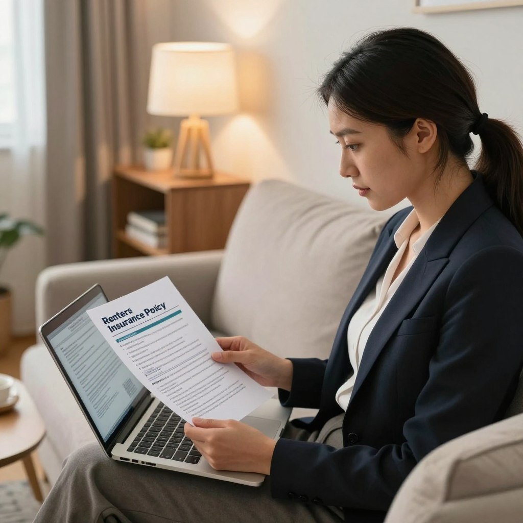A cozy living room setting that visually represents the concept of renters insurance. In the foreground, a professional woman in smart business attire is sitting on a comfortable couch, reviewing a renters insurance policy on her laptop, with a thoughtful expression. In the middle ground, an open file with visible policy highlights and a few personal belongings such as a stylish lamp and a small bookshelf can be seen, representing coverage items. The background features soft, warm lighting from a window, creating an inviting atmosphere. The room's decor is modern yet homey, conveying a sense of security and peace of mind. The angle is slightly from above, focusing on the subject and her engagement with the policy, emphasizing the importance of understanding insurance coverage.