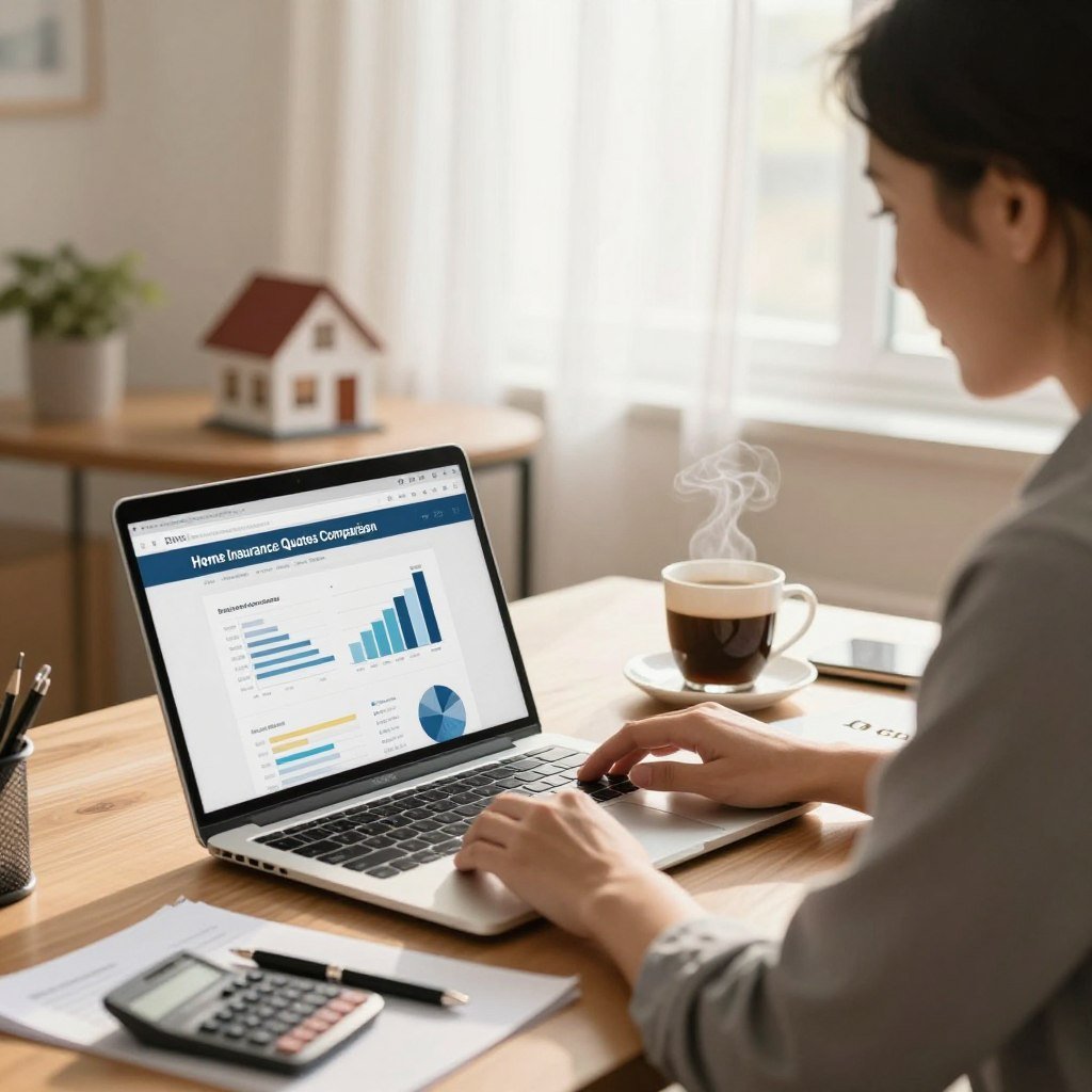 A cozy, well-furnished home office scene in warm, inviting colors. In the foreground, a laptop is open displaying a webpage titled "Home Insurance Quotes Comparison" with visible charts and graphs. A person in professional business attire—perhaps a middle-aged man or woman—intently examines the screen, surrounded by papers, a pen, and a calculator. In the middle ground, a small table with a steaming cup of coffee and a house model symbolizes the concept of home. The background features a soft-focus window with sunlight filtering through sheer curtains, creating a bright and optimistic atmosphere. The overall mood is focused and productive, tailored for the task of finding affordable home insurance options. Use a warm lighting setup, simulating a gentle afternoon glow to enhance the inviting feel.