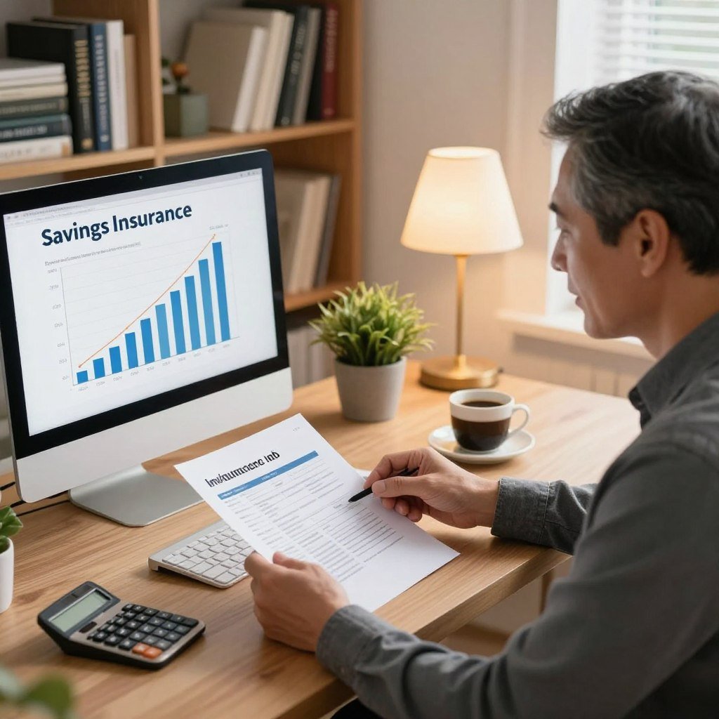 A cozy, well-lit home office scene focused on a desktop displaying a computer screen with graphs showing savings on insurance. In the foreground, a middle-aged professional in smart casual attire, looking content, reviews paperwork with insurance documents and a calculator. In the middle, there is a small potted plant to add a touch of green, symbolizing growth, alongside a cup of coffee, reflecting a warm, inviting atmosphere. The background features a neatly organized bookshelf filled with reference books and a soft glow from a desk lamp, enhancing the mood of financial wisdom and confidence. The angle is slightly elevated to capture the details on both the desktop and the ambiance of the home office.