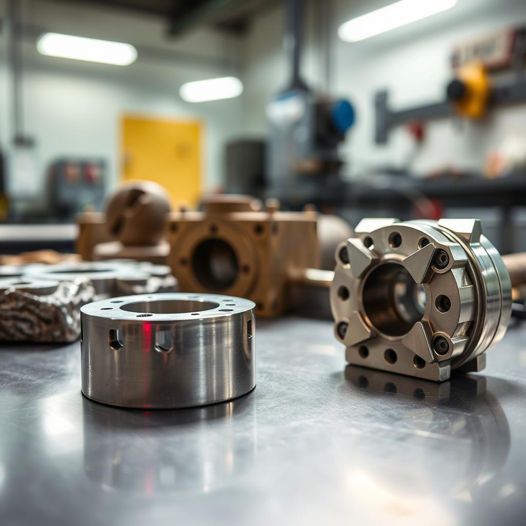 A detailed comparison image showcasing precision casting versus traditional casting methods. In the foreground, a polished, intricate precision cast metal part is displayed, reflecting its smooth surfaces and fine details. To the left, a rough, less detailed traditional cast piece emphasizes the differences in craftsmanship. In the middle ground, tools and molds used in both methods are arranged for contrast. The background features a bright, well-lit workshop setting, with soft shadows highlighting the items. A macro lens captures the textures and intricacies of the castings, while soft, diffused lighting adds a polished, professional atmosphere. The overall mood suggests innovation and quality craftsmanship, ideal for an educational context.
