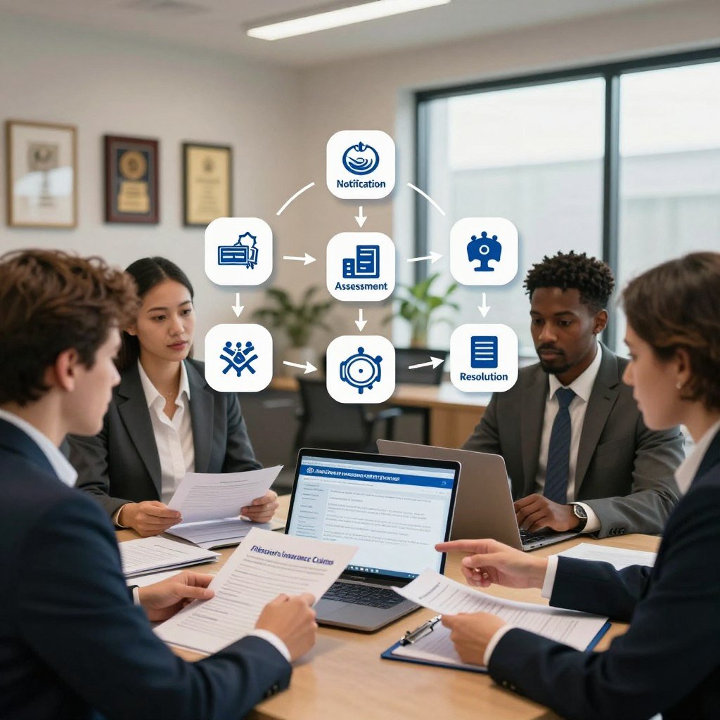 A detailed illustration of the Allstate renter's insurance claims process, depicted in a professional office setting. In the foreground, a diverse group of individuals in business attire is discussing documents, with one person pointing at a laptop displaying an Allstate claims form. The middle layer shows essential icons representing different steps of the claims process, such as "Notification," "Assessment," and "Resolution," integrated into a flowchart style. In the background, an inviting office space with framed awards and a large window letting in natural light creates a warm atmosphere. The scene is well-lit, with a focus on the interactions among the individuals, capturing a mood of professionalism, collaboration, and customer service within an insurance context. The perspective is slightly angled to convey depth and engagement.