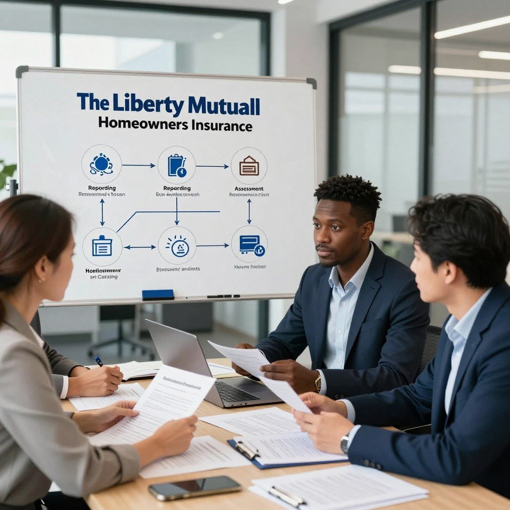 A detailed illustration of the Liberty Mutual Homeowners Insurance claims process, featuring a professional office setting in the foreground. Show a diverse group of three people—two in smart business attire and one in modest casual clothing—collaborating around a large table with documents and a laptop open, depicting the exchange of information regarding claims. In the middle ground, a process flowchart on a whiteboard outlines the claims steps, with icons representing key stages like reporting, assessment, and resolution. The background reveals a modern office environment, with large windows allowing natural light to enhance the atmosphere, creating a sense of trust and reliability. The mood is focused and collaborative, embodying professionalism and support in homeowners insurance.
