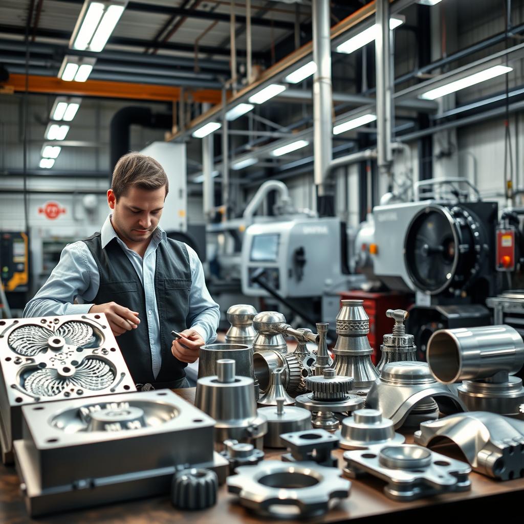 A detailed industrial workshop showcasing the innovations in investment casting. In the foreground, a skilled engineer wearing professional attire examines a precision mold with intricate details reflecting advanced casting techniques. The middle ground features a variety of investment cast parts, such as automotive and aerospace components, arranged neatly on a workbench, highlighting the versatility of the process. In the background, high-tech machinery operates with bright lighting that emphasizes the shine of the cast metal. The atmosphere is infused with a sense of innovation and professionalism, capturing the evolution of manufacturing with a focus on quality and precision. The composition should be photographed from a slightly elevated angle, creating depth and emphasizing the dynamic nature of the workspace.