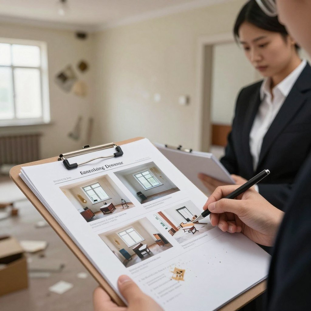 A detailed scene showcasing rental property damage documentation. In the foreground, a clipboard filled with neatly organized pages, featuring photographs of property damage such as water stains, broken windows, and damaged furniture. A professional person in business attire is examining the documents and taking notes, with an expression of focus and determination. In the middle ground, the interior of a rental property is visible, revealing signs of damage, including peeling wallpaper, a broken light fixture, and scattered debris. The background features a softly lit room with a window allowing gentle natural light to enhance the atmosphere of diligence and care in managing the aftermath of an incident. The composition is shot with a slight depth of field effect, focusing sharply on the clipboard and the professional.