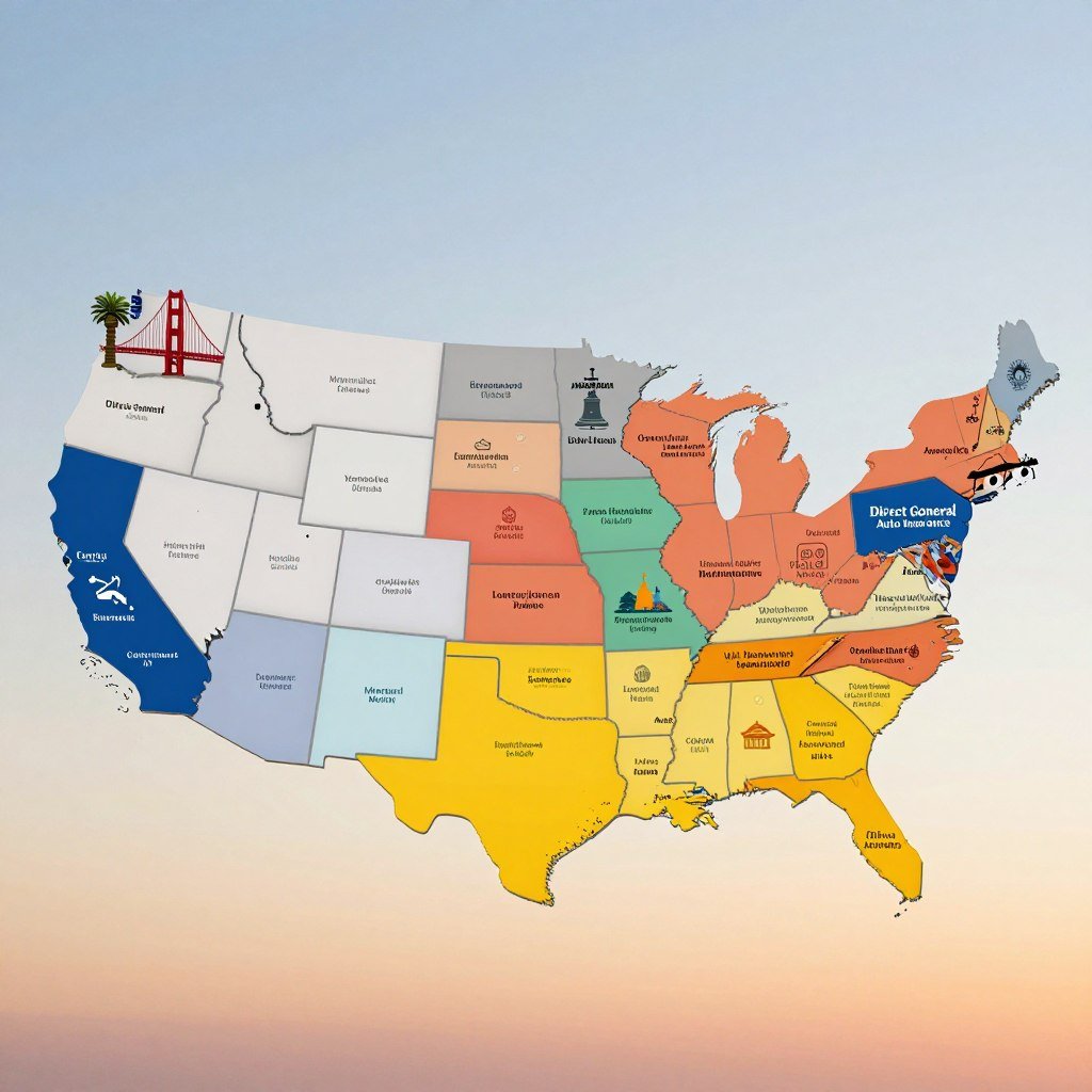 A detailed, visually appealing map showcasing the geographic coverage of Direct General Auto Insurance across the United States. In the foreground, highlight specific states where the insurance is available with vibrant colors and distinct borders. In the middle ground, include well-known landmarks or symbols representing various states, such as the Golden Gate Bridge for California and the Liberty Bell for Pennsylvania. The background should feature a soft gradient sky, transitioning from light blue to warm orange, evoking a sense of optimism and security. Use soft, even lighting to ensure clarity in the elements, and a slightly elevated angle for a comprehensive view. The mood should convey reliability and accessibility, perfect for illustrating the theme of affordable coverage.
