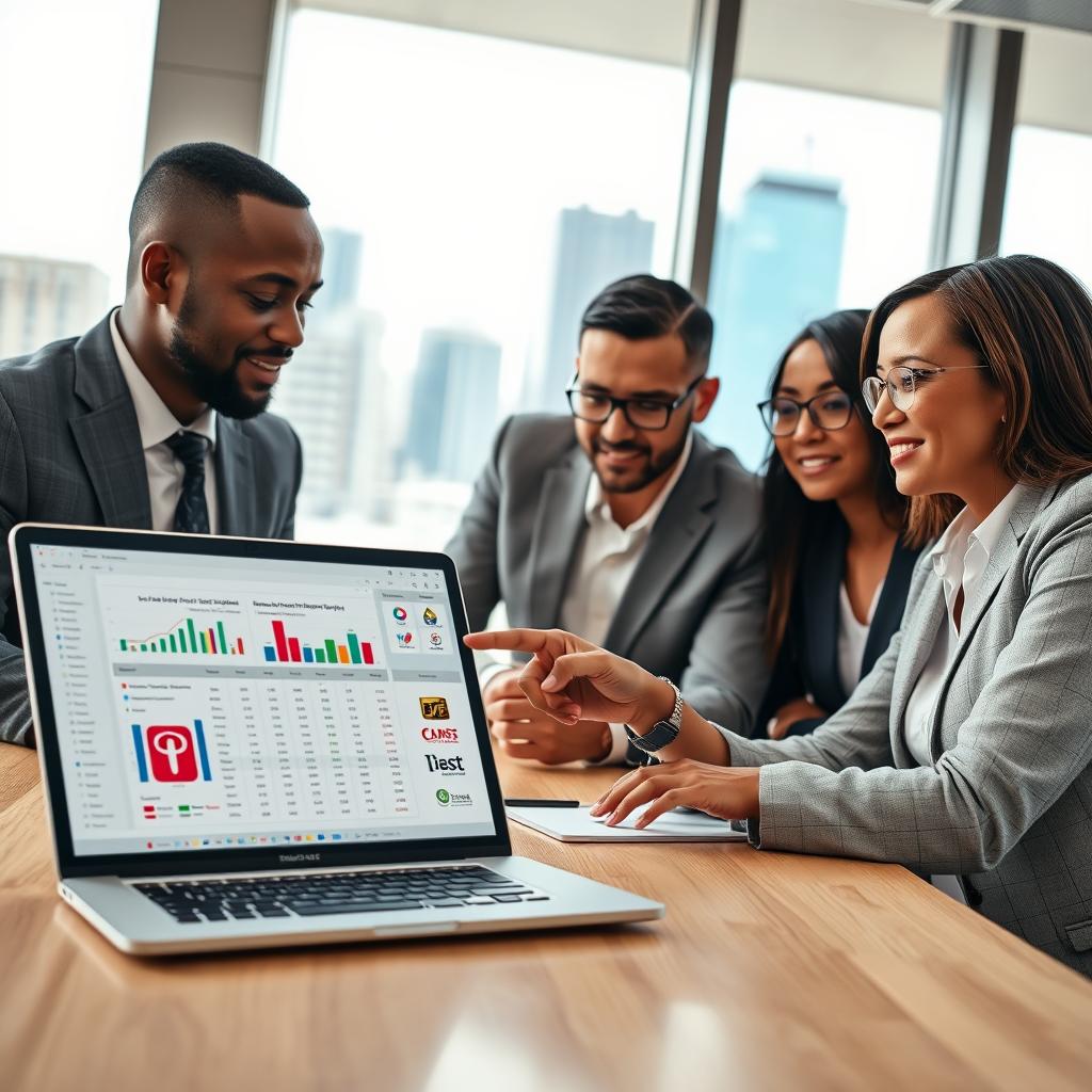 A diverse group of four professionals in business attire, gathered around a table in a well-lit, modern office environment, discussing low investment franchise opportunities. The foreground features a close-up of a laptop displaying a financial spreadsheet, colorful charts, and franchise logos. In the middle, the professionals engage in conversation, with one pointing to the laptop screen while the others listen attentively, showcasing various expressions of interest and caution. The background reveals a large window with urban city views, hinting at market potential. Soft natural lighting enhances the scene, casting a warm atmosphere. The angle captures a dynamic composition, emphasizing teamwork and strategic planning in the context of low investment franchises. The overall mood reflects professionalism and collaboration.