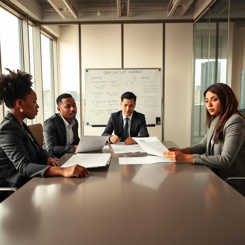 A diverse group of professionals in a modern office setting, engaged in a discussion about group life insurance options. In the foreground, three people—a Black woman, an Asian man, and a Hispanic woman—sit around a sleek conference table, examining documents and using a laptop. The middle ground features a whiteboard with diagrams and notes related to insurance plans. The background showcases floor-to-ceiling windows with a cityscape view, allowing natural light to flood the room. The atmosphere is focused and collaborative, reflecting a sense of purpose and teamwork. The individuals are dressed in business attire, with warm lighting enhancing the professional yet approachable mood. Shot at eye level with a slight depth of field to draw attention to the group. A diverse group of professionals in a modern office setting, engaged in a discussion about group life insurance options. In the foreground, three people—a Black woman, an Asian man, and a Hispanic woman—sit around a sleek conference table, examining documents and using a laptop. The middle ground features a whiteboard with diagrams and notes related to insurance plans. The background showcases floor-to-ceiling windows with a cityscape view, allowing natural light to flood the room. The atmosphere is focused and collaborative, reflecting a sense of purpose and teamwork. The individuals are dressed in business attire, with warm lighting enhancing the professional yet approachable mood. Shot at eye level with a slight depth of field to draw attention to the group.