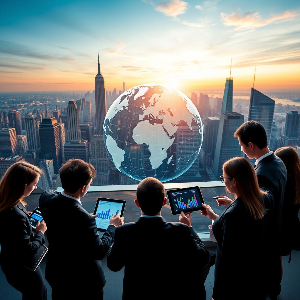 A dynamic and visually striking image illustrating "global market demand analysis." In the foreground, a diverse group of business professionals in smart attire engages with digital data displays, showcasing graphs and charts on tablets and laptops. In the middle, a transparent globe highlighting major financial markets with arrows indicating investment flow, set against a bustling city skyline filled with iconic landmarks from around the world. The background features a dawn sky with warm lighting, symbolizing opportunity and growth. The overall atmosphere is one of collaboration and innovation, emphasizing the importance of analyzing global market trends for investment decisions. The scene is captured from a slightly elevated angle to provide depth and clarity.