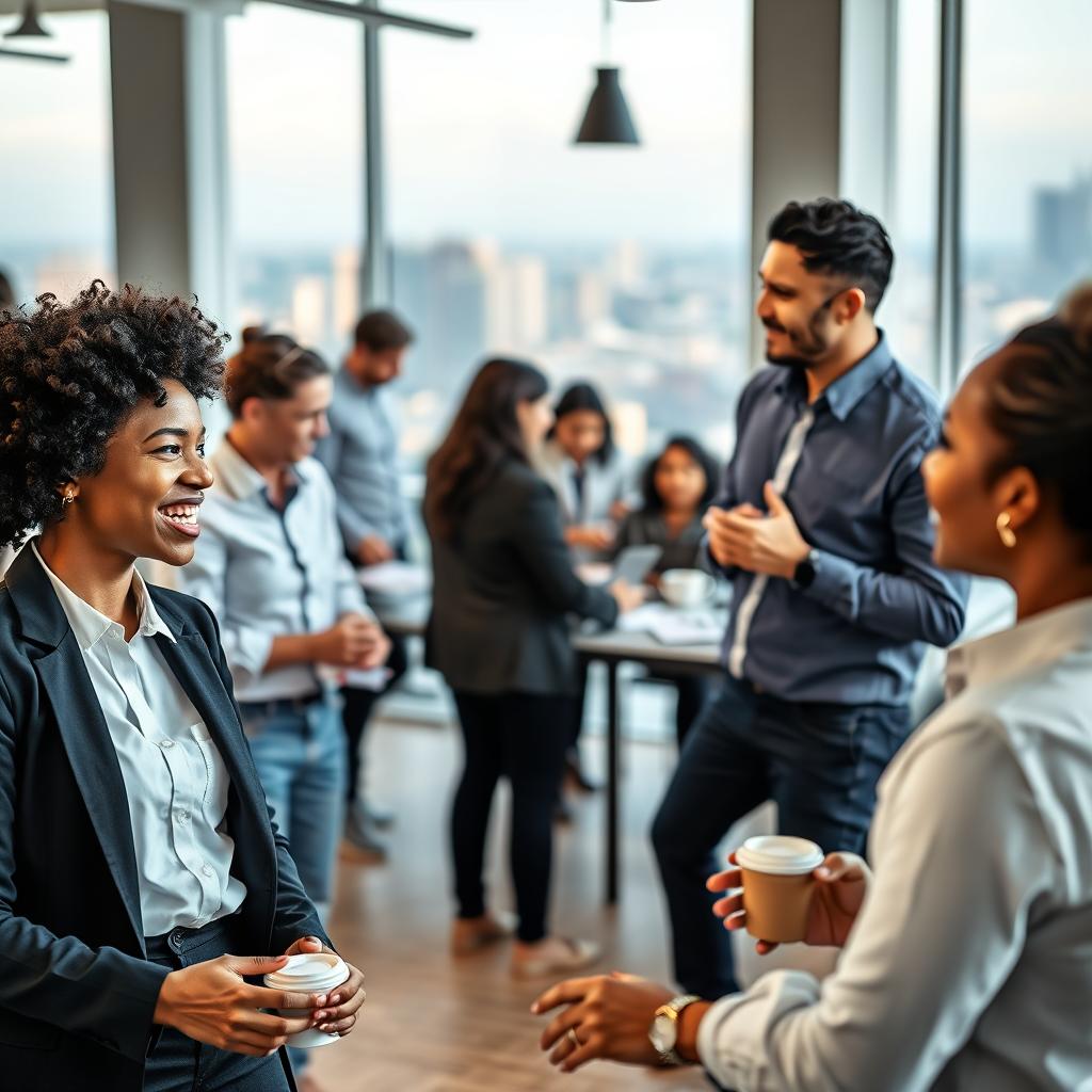 A dynamic scene depicting a diverse group of professionals in a modern office space, engaged in vibrant discussions and exchanging ideas. In the foreground, two individuals—a Black woman in a smart blazer and a Hispanic man in a casual shirt—are animatedly conversing, showcasing the warmth and engagement of networking. In the middle ground, a larger group is gathered around a table with laptops and coffee cups, collaborating on a project. The background features large windows with soft, natural light illuminating the space, highlighting a city skyline. The atmosphere is energetic and collaborative, emphasizing the importance of professional connections. The entire composition is aimed to inspire motivation and showcase the benefits of an alumni network in a business context. A dynamic scene depicting a diverse group of professionals in a modern office space, engaged in vibrant discussions and exchanging ideas. In the foreground, two individuals—a Black woman in a smart blazer and a Hispanic man in a casual shirt—are animatedly conversing, showcasing the warmth and engagement of networking. In the middle ground, a larger group is gathered around a table with laptops and coffee cups, collaborating on a project. The background features large windows with soft, natural light illuminating the space, highlighting a city skyline. The atmosphere is energetic and collaborative, emphasizing the importance of professional connections. The entire composition is aimed to inspire motivation and showcase the benefits of an alumni network in a business context.