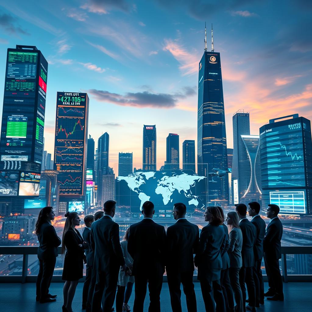 A futuristic city skyline representing global investment technology, with gleaming skyscrapers featuring digital screens displaying stock market data and financial analytics. In the foreground, a diverse group of professionals in business attire are gathered around a digital hologram showcasing interactive graphs and world maps. The middle ground features advanced technology such as drones and automated vehicles symbolizing fast-paced, modern commerce. Bright city lights illuminate a twilight sky, casting a vibrant glow on the scene, while the atmosphere conveys a sense of innovation and excitement. Capture this bustling environment from a slightly elevated angle, highlighting the synergy between technology and finance in a cohesive, professional setting. A futuristic city skyline representing global investment technology, with gleaming skyscrapers featuring digital screens displaying stock market data and financial analytics. In the foreground, a diverse group of professionals in business attire are gathered around a digital hologram showcasing interactive graphs and world maps. The middle ground features advanced technology such as drones and automated vehicles symbolizing fast-paced, modern commerce. Bright city lights illuminate a twilight sky, casting a vibrant glow on the scene, while the atmosphere conveys a sense of innovation and excitement. Capture this bustling environment from a slightly elevated angle, highlighting the synergy between technology and finance in a cohesive, professional setting.