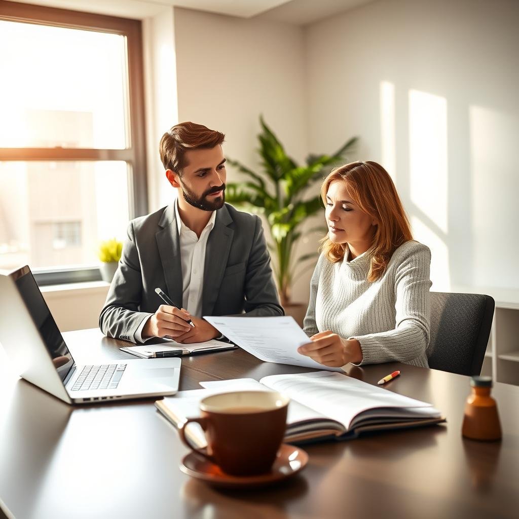 A life insurance application process scene, showcasing a professional consultant meeting with a client in a modern office. In the foreground, a well-dressed consultant, holding a pen and a clipboard, is guiding the client, who appears engaged and focused, sitting across a sleek desk. The middle ground displays an open laptop with various application forms visible, alongside a decorative plant and a coffee cup, symbolizing a friendly atmosphere. The background features a large window with natural light streaming in, casting soft shadows across the room. The overall mood is calm and professional, emphasizing trust and clarity in the life insurance application process. Use a warm color palette and soft lighting to enhance the inviting feel.
