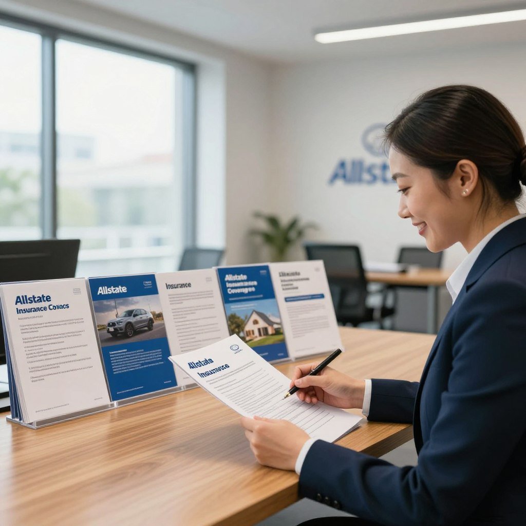 A modern and inviting office environment showcasing a variety of Allstate insurance coverage options. In the foreground, a professional agent wearing a smart business suit is reviewing insurance policy documents, with a friendly expression. The middle ground features neatly organized brochures and visual representations of coverage types, such as auto, home, life, and renters insurance, displayed on a polished wooden table. In the background, a large window allows natural light to flood the room, highlighting the clean design elements and subtle branding of Allstate. The mood is welcoming and trustworthy, emphasizing ease and affordability in insurance options. The composition is well-balanced, focusing on clarity and professionalism, captured with a slight angle to enhance depth in the image. Lighting should be bright and soft to create a positive atmosphere.