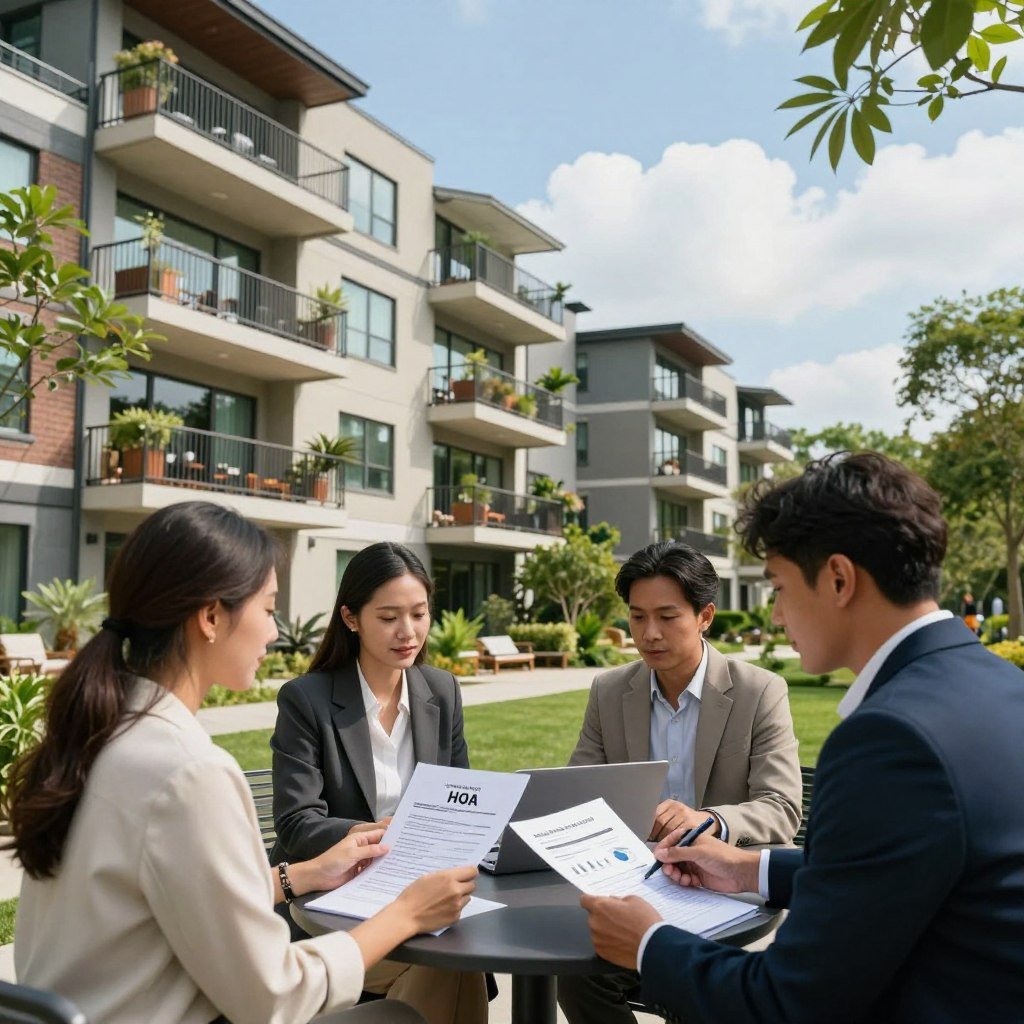 A modern condominium complex surrounded by lush greenery, emphasizing the importance of homeowners associations. In the foreground, a diverse group of professionals in business attire—two women and one man—discussing HOA documents over a small table with a laptop open, showcasing charts and insurance details. In the middle ground, the condo buildings with balconies filled with potted plants and casual seating. In the background, a clear blue sky and a few fluffy clouds to enhance a tranquil atmosphere, suggesting a sense of community. Soft, natural lighting illuminates the scene, creating an inviting and professional mood. The angle is slightly elevated, capturing both the interactions among the individuals and the condo structure, highlighting the synergy between homeowners associations and condo insurance coverage.