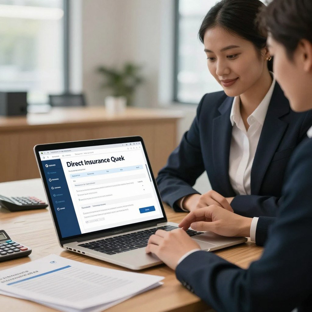 A modern digital workspace featuring a sleek laptop displaying a bright, user-friendly interface for an online car insurance quote. In the foreground, the laptop is open on a wooden desk with a few insurance documents and a calculator beside it. The middle ground features a confident professional dressed in smart business attire, attentively reviewing the quote. The background displays a softly blurred office environment with warm lighting, creating an inviting atmosphere. Natural light streams in through a window, highlighting the details on the screen. The overall mood is focused and optimistic, emphasizing the convenience of technology in acquiring direct insurance quotes. No text or branding present in the image.