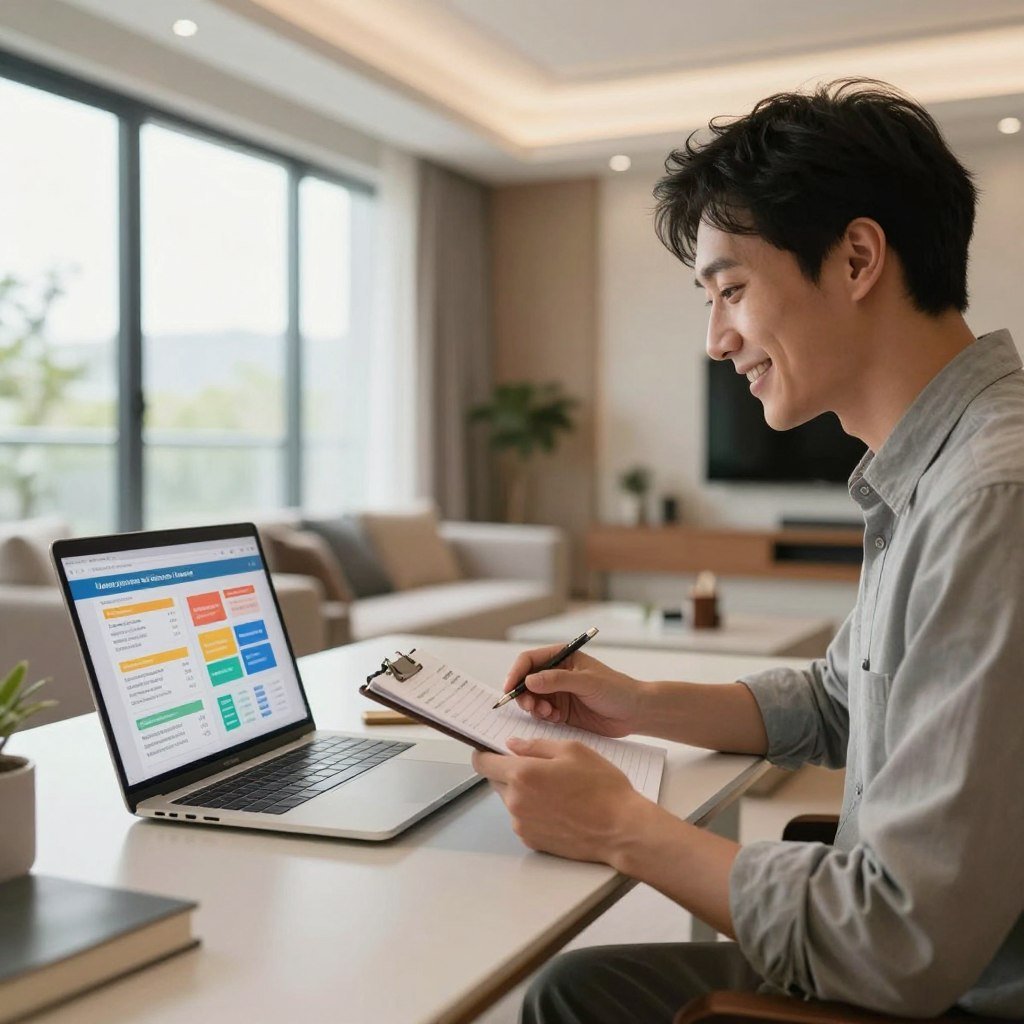 A modern home office setup featuring a sleek desk with a laptop open to a colorful infographic displaying various condo insurance quotes. In the foreground, a friendly, professional-looking individual, dressed in smart casual attire, is reviewing the quotes with a notepad in hand. The middle ground shows a stylish interior with large windows allowing natural light to fill the room, emphasizing a sense of welcoming and warmth. In the background, a well-decorated living area is visible, subtly hinting at the condo lifestyle. Soft, diffused lighting enhances the ambiance, creating a motivational and thoughtful atmosphere ideal for saving on insurance premiums. The composition should be shot from a slight angle to create depth, making the viewer feel engaged with the scene.
