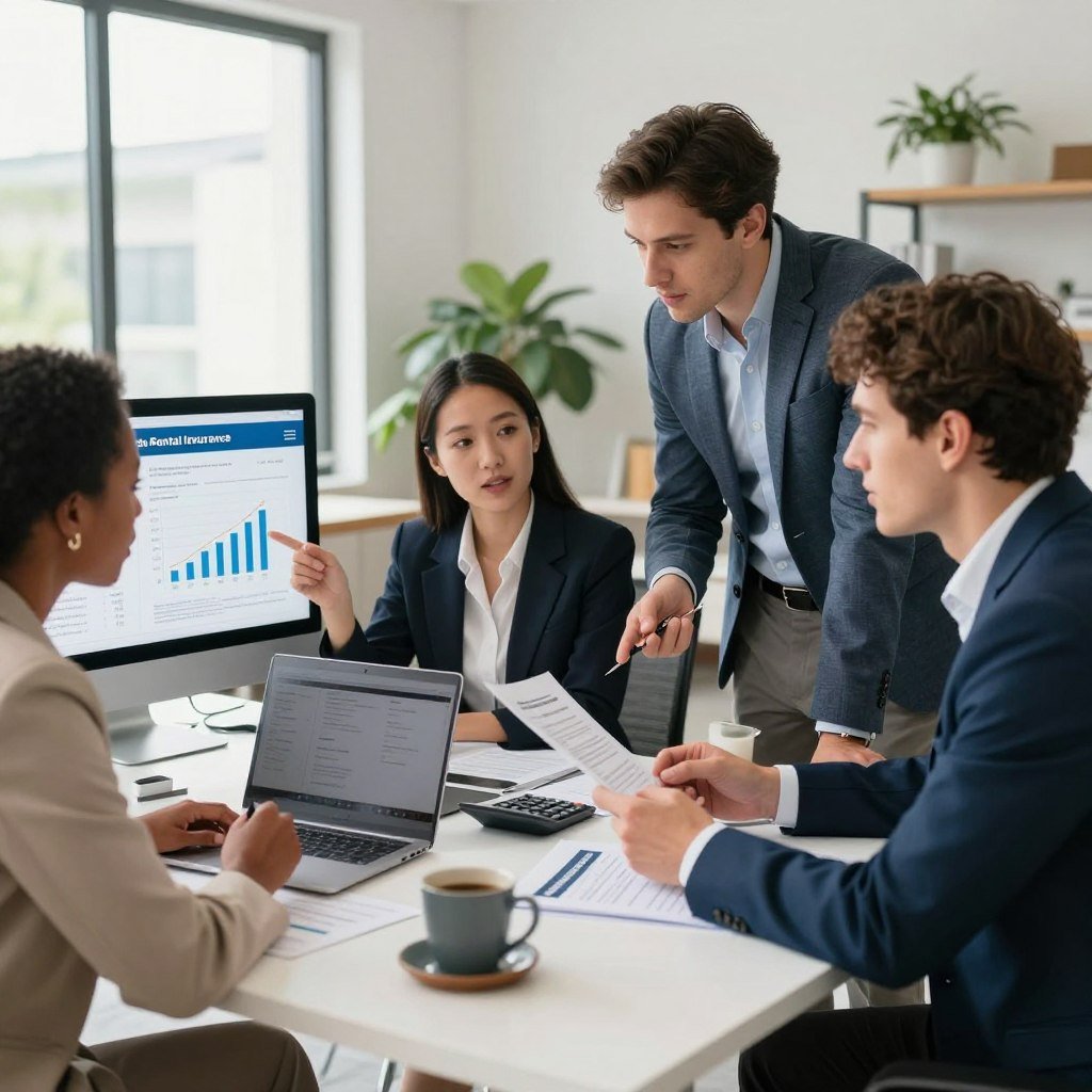 A modern, inviting office space featuring a diverse group of four professionals, including a Black woman, a Hispanic man, an Asian woman, and a Caucasian man, all dressed in business attire. They are gathered around a sleek desk with a laptop open, discussing the Allstate Rental Insurance quote process, analyzing documents, and pointing at financial graphs displayed on the screen. The foreground highlights their engaged expressions and collaborative atmosphere. The middle section emphasizes the desk cluttered with insurance paperwork, a calculator, and coffee mugs. The background reveals large windows with natural light pouring in, and decorative houseplants to create a warm and welcoming atmosphere. The mood is focused and professional, capturing the essence of teamwork and financial planning.