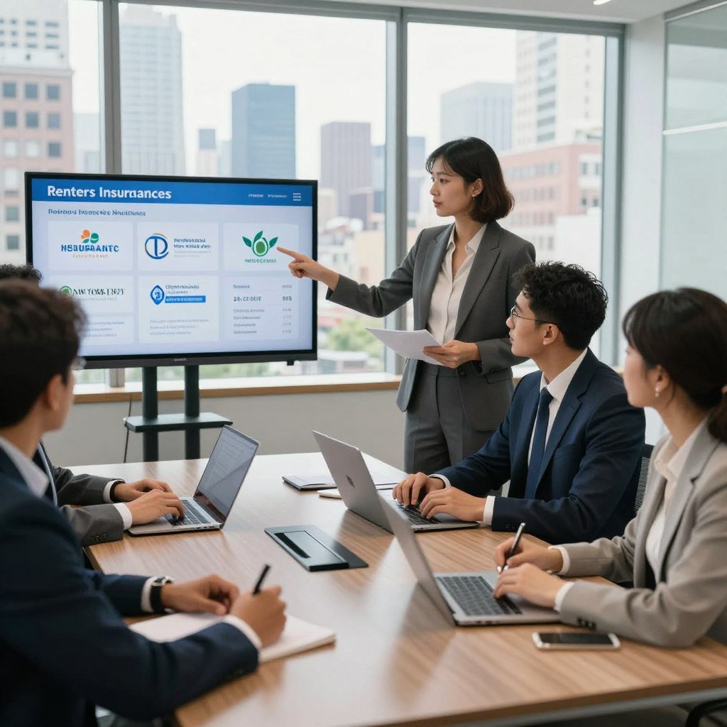 A modern office environment featuring a diverse group of professionals gathered around a sleek conference table, deeply engaged in a presentation about renters insurance providers in New York City. In the foreground, display a professional woman in smart business attire pointing to a digital screen showcasing various insurance logos and statistics. The middle ground shows diverse team members, including a man in a suit and another woman in chic smart-casual wear, actively discussing and taking notes. In the background, large windows reveal a panoramic view of NYC's skyline under bright, natural daylight, adding an urban touch to the scene. The overall mood is collaborative and focused, highlighting the importance of informed decisions in securing renters insurance. The image should have a sharp focus, with soft lighting enhancing the professional atmosphere.