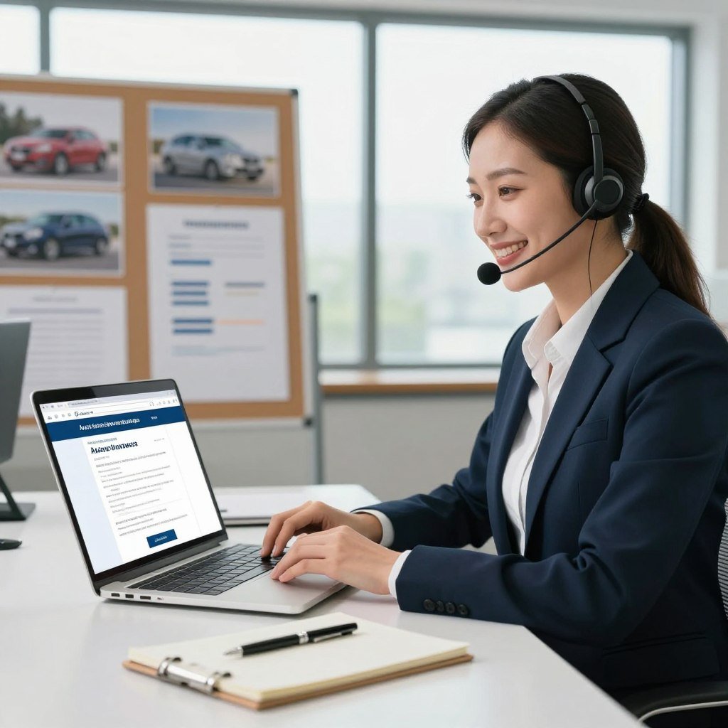 A modern office environment featuring a friendly customer service representative in professional attire, seated at a sleek desk with a laptop open displaying an auto insurance quote web page. In the foreground, a notepad and pen are ready for note-taking. The middle ground includes a bulletin board with images of cars and insurance-related materials, while a large window in the background allows natural light to filter in, creating an inviting atmosphere. The overall mood is professional yet approachable, with a focus on clarity and trust, emphasizing the importance of customer service in the insurance industry. The lighting is bright and cheerful, evoking a sense of optimism and reliability.