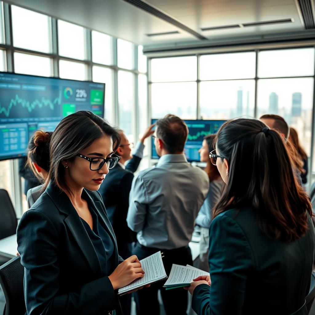 A modern office environment showcasing a diverse team of professionals in business attire engaged in intense discussion while analyzing financial charts and graphs on large digital screens. In the foreground, a focused woman with glasses is taking notes, while in the middle, a man gestures towards a digital display of market trends. The background features a sleek conference room with city skyline views, illuminated by natural light filtering through floor-to-ceiling windows. The atmosphere conveys a sense of collaboration and innovation, with a color palette of blues and greens to symbolize trust and growth. The composition is captured from a slightly elevated angle, emphasizing the activity and engagement of the team.