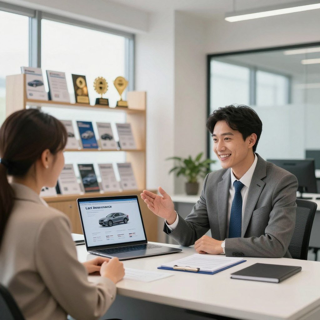 A modern office interior depicting a reliable car insurance agency. In the foreground, a friendly insurance agent in professional business attire is seated at a sleek desk, engaging with a satisfied customer. The agent is gesturing towards a laptop displaying car insurance options. In the middle ground, shelves lined with brochures and awards highlight the agency's credibility. The background features large windows allowing soft, natural light to pour in, creating a warm and inviting atmosphere. The scene is captured with a wide-angle lens, emphasizing the professionalism and trustworthiness of the agency. The mood is reassuring and optimistic, showcasing a commitment to excellent customer service and support. A modern office interior depicting a reliable car insurance agency. In the foreground, a friendly insurance agent in professional business attire is seated at a sleek desk, engaging with a satisfied customer. The agent is gesturing towards a laptop displaying car insurance options. In the middle ground, shelves lined with brochures and awards highlight the agency's credibility. The background features large windows allowing soft, natural light to pour in, creating a warm and inviting atmosphere. The scene is captured with a wide-angle lens, emphasizing the professionalism and trustworthiness of the agency. The mood is reassuring and optimistic, showcasing a commitment to excellent customer service and support.