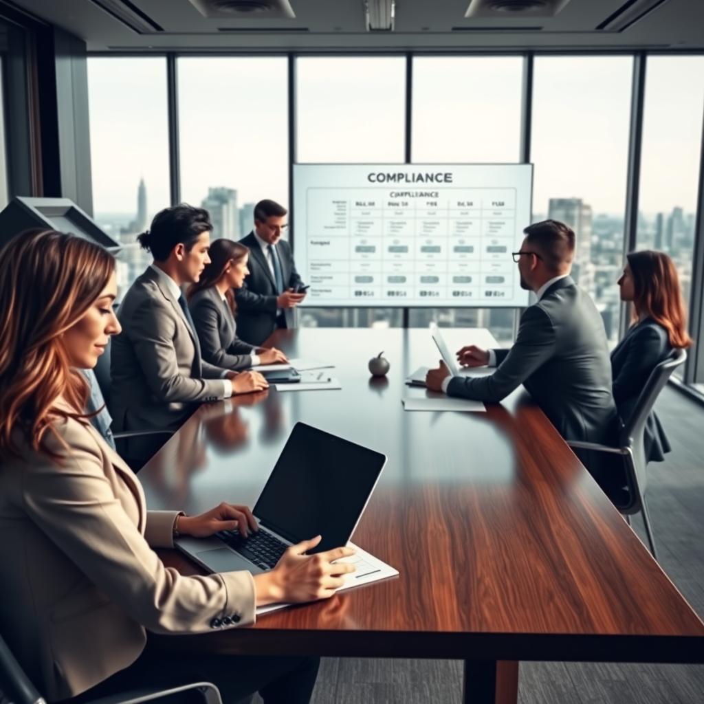 A modern office interior scene focused on hedge fund compliance, showcasing a sleek conference room with a long mahogany table surrounded by diverse professionals in formal business attire engaged in serious discussions. In the foreground, a focused woman, analyzing documents on her laptop, exudes a committed, diligent atmosphere. In the middle ground, a group of three men and women collaborate over a large compliance chart displayed on a translucent screen, illustrating regulatory frameworks and financial data. The background features floor-to-ceiling windows revealing a city skyline, bathed in soft, natural lighting contributing to a bright and positive ambiance. The overall mood reflects professionalism, integrity, and a sense of trust, ideal for illustrating the importance of regulatory compliance in asset management.