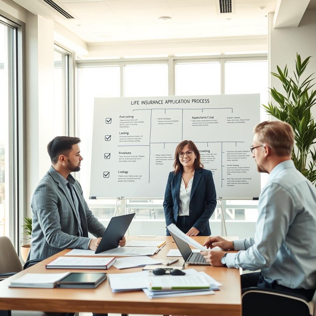 A modern office setting depicting a life insurance application process. In the foreground, a diverse group of three professionals, two men and one woman, are engaged in a serious discussion around a table filled with documents and a laptop. They are dressed in smart business attire. The middle area features a large whiteboard displaying step-by-step diagrams of the application process, with visual cues like checkmarks and flowcharts. In the background, large windows allow natural light to flood the room, creating a warm and inviting atmosphere. The lighting is bright yet soft, enhancing the professional mood. A potted plant in one corner adds a touch of greenery, emphasizing a calm and focused environment for important financial decisions.