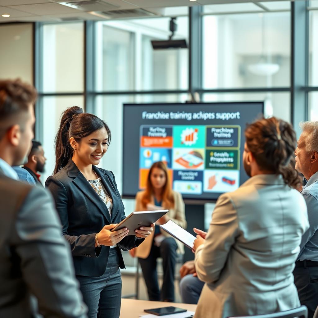 A modern office setting featuring a group of diverse professionals engaged in a training session. In the foreground, a confident female trainer, dressed in a smart business attire, is using a digital tablet to showcase training materials. The group includes men and women of various ethnicities, attentively listening and taking notes. In the middle, a projector displays a dynamic presentation on franchise training and support strategies, with colorful graphics highlighting key points. The background includes large windows letting in natural light, creating a warm and inviting atmosphere. The overall mood is focused and collaborative, emphasizing professionalism and teamwork, captured with a slight soft focus effect for a polished look.