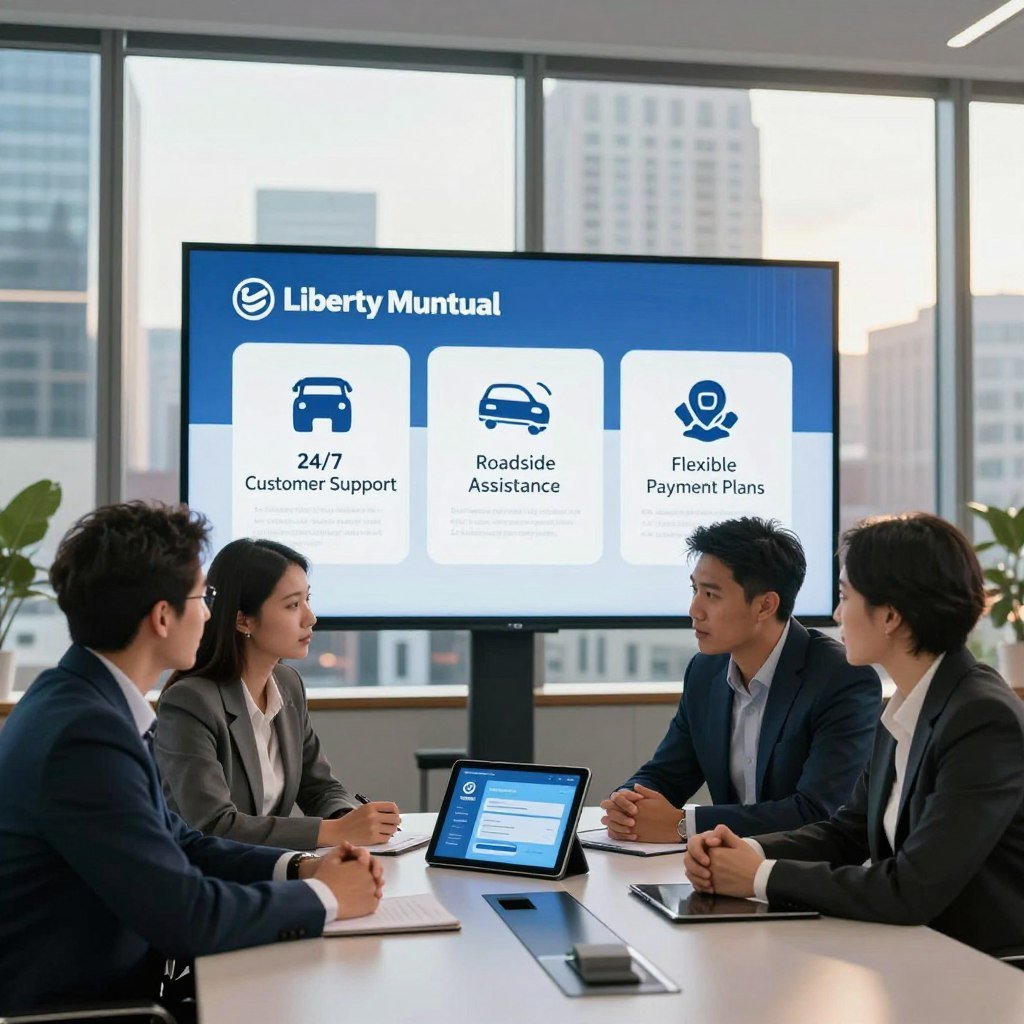 A modern office setting illustrating key features of Liberty Mutual auto insurance. In the foreground, a diverse group of three professionals, men and women in professional business attire, are engaged in a discussion around a sleek conference table, displaying a digital tablet showcasing insurance options. The middle layer features a large screen displaying icons representing features like "24/7 Customer Support," "Roadside Assistance," and "Flexible Payment Plans," designed with modern graphics. The background offers a view of a busy city skyline through floor-to-ceiling windows, with natural light streaming in, creating a warm, inviting atmosphere. The overall mood conveys professionalism, reliability, and innovation in auto insurance.