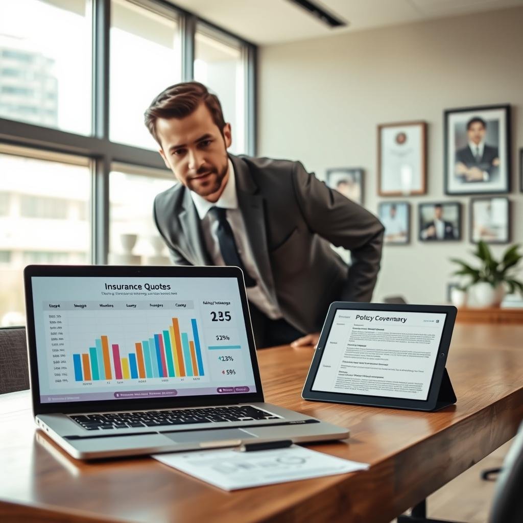 A modern office setting serves as the backdrop for a professional and informative scene depicting insurance quotes comparison. In the foreground, a sleek wooden desk displays a laptop screen featuring a visually appealing chart comparing various insurance quotes. Beside it, a tablet shows detailed policy coverage summary. In the middle ground, a confident professional, dressed in a smart suit, is leaning over the desk, attentively analyzing the data on the devices. Bright, natural light filters through large windows, creating a clear and organized atmosphere. The background features neutral-colored walls with framed certificates and insurance-related imagery, enhancing the theme of trust and reliability. The mood is focused and informative, suitable for a financial discussion.