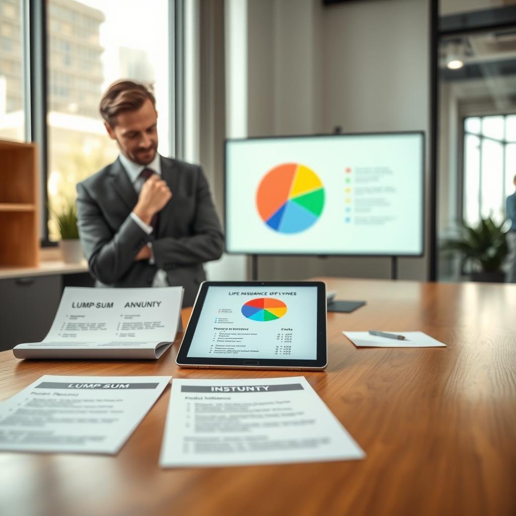 A modern office setting showcasing various life insurance payout options. In the foreground, a sleek wooden table displays brochures outlining different payout types: lump-sum, annuity, and installments. A professional individual, dressed in a tailored business suit, studies the materials with a thoughtful expression. In the middle, a digital tablet projects a pie chart illustrating payout distributions, with vibrant colors that catch the eye. The background features a large window with soft natural light filtering in, illuminating the space and creating a warm, inviting atmosphere. The overall mood is informative and professional, emphasizing the importance of understanding life insurance payouts. The image should be clean and clear, with a slight depth-of-field focus on the table in the foreground.