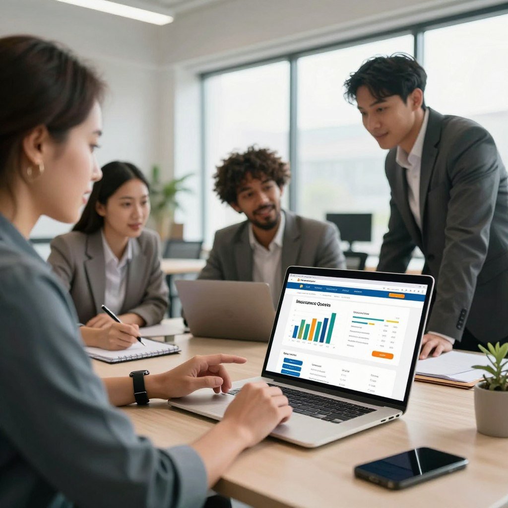 A modern office setting with a stylish desk in the foreground, featuring a laptop displaying an online insurance quotes website. The screen is filled with colorful graphs and clear options for instant quotes. In the middle, a diverse group of four professionals, dressed in business attire, is engaged in a discussion, looking at the laptop screen with interest. One person is pointing at the screen, while the others are taking notes. The background shows a bright and airy office with large windows, letting in natural light that creates a warm, inviting atmosphere. The overall mood is optimistic and focused, highlighting the ease and immediacy of obtaining insurance quotes online. The perspective is slightly angled to capture both the laptop and the engaged professionals effectively.