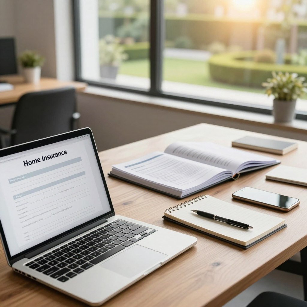 A modern office workspace, featuring a stylish wooden desk cluttered with essential items for gathering home insurance quote information. In the foreground, a laptop displays a simplified home insurance quote form with blank fields. Beside it, a notepad and pen are positioned, along with a smartphone. In the middle ground, an open binder filled with home and property documents adds detail to the scene. In the background, a large window lets in natural light, casting a warm glow, and showcasing a well-manicured garden outside. The atmosphere is professional yet welcoming, evoking a sense of preparation and organization. The image should have a soft focus depth of field, emphasizing the quote preparation elements in sharp detail while slightly blurring the garden view outside.