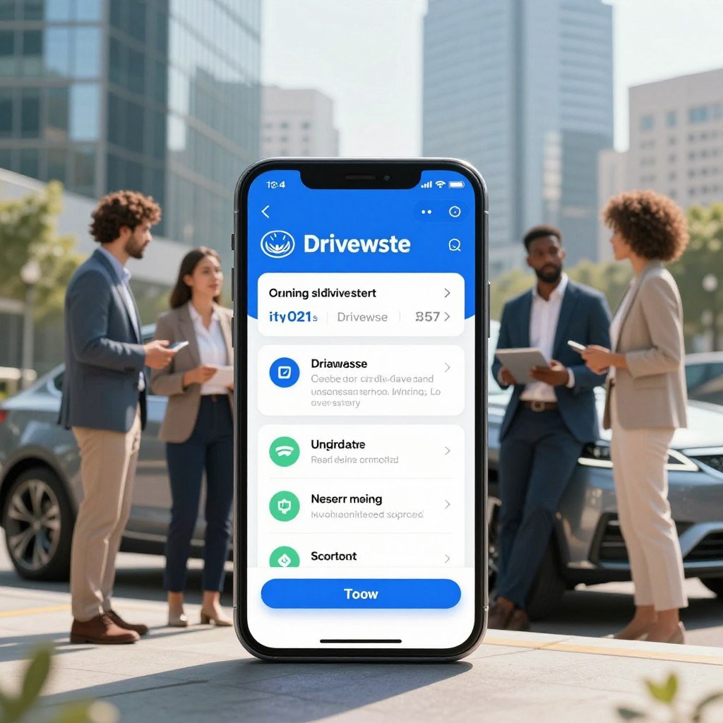 A modern, sleek smartphone displaying the Allstate Drivewise app interface prominently in the foreground, showcasing key features like real-time driving stats and safety tips. The middle layer includes a diverse group of professionals, two men and one woman in smart business casual attire, engaged in a discussion about the app’s benefits while standing beside a stylish car. In the background, a bright, sunny urban landscape with tall, glass buildings to convey a sense of digital sophistication. Soft, natural lighting enhances the scene, with a slight blur on the background to emphasize the smartphone and the individuals. The mood is energetic, focused, and forward-thinking, reflecting innovation in insurance technology.