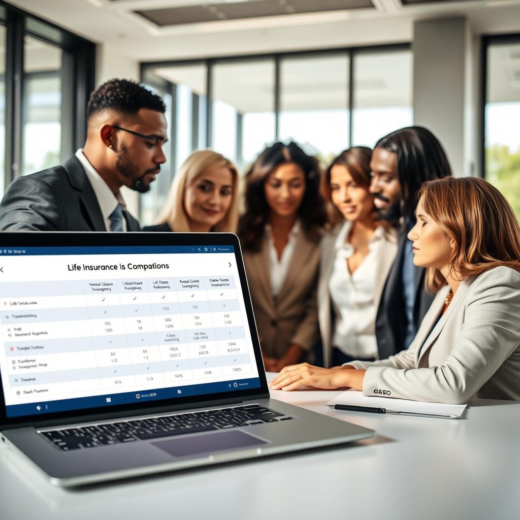 A modern, sleek workspace featuring a diverse group of professionals in business attire gathered around a laptop, actively discussing life insurance options. In the foreground, close-up focus on the laptop screen displaying a clean, user-friendly comparison table of life insurance policies, highlighting key features and prices. The middle-ground includes a diverse group of individuals of varying ethnicities, engaged in thoughtful conversation, with expressions of curiosity and determination. The background shows a bright, well-lit office with large windows allowing natural light to filter in, giving a warm and inviting atmosphere. Add soft shadows for depth and focus on bright, appealing colors to enhance the positive mood of making informed, smart financial choices about life insurance. A modern, sleek workspace featuring a diverse group of professionals in business attire gathered around a laptop, actively discussing life insurance options. In the foreground, close-up focus on the laptop screen displaying a clean, user-friendly comparison table of life insurance policies, highlighting key features and prices. The middle-ground includes a diverse group of individuals of varying ethnicities, engaged in thoughtful conversation, with expressions of curiosity and determination. The background shows a bright, well-lit office with large windows allowing natural light to filter in, giving a warm and inviting atmosphere. Add soft shadows for depth and focus on bright, appealing colors to enhance the positive mood of making informed, smart financial choices about life insurance.