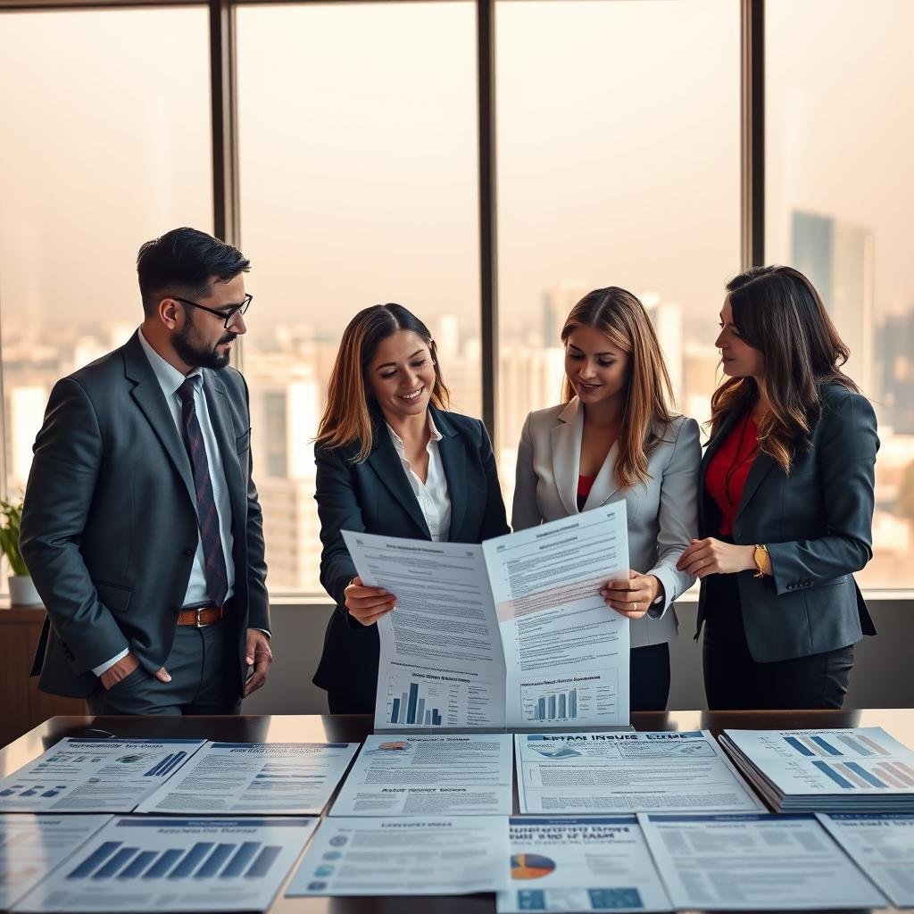 A professional and educational scene depicting the concept of "Guaranteed Issue Life Insurance Regulations." In the foreground, a diverse group of four business professionals, two men and two women, discussing a document with key insurance regulations; they are dressed in professional business attire. In the middle, a large table laden with informational brochures and charts illustrating state guidelines for life insurance, lit by soft, warm lighting that creates an inviting atmosphere. In the background, a large window reveals a cityscape, hinting at a regulatory office setting. The overall mood is collaborative and insightful, emphasizing clarity in financial understanding and policy exploration. Ensure there are no captions or overlays in the image.