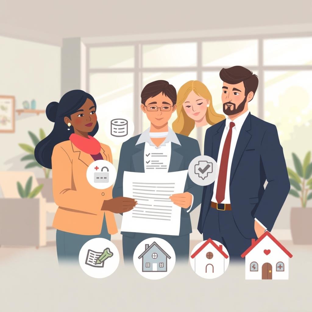 A professional and informative illustration depicting the concept of "group life insurance exclusions." In the foreground, a diverse group of three individuals in professional business attire stand together, looking at a document symbolizing insurance policies. In the middle ground, a series of visual icons representing common exclusions—like a medical cross for health-related issues, a checklist for limitations, and a home to symbolize property exclusions—are subtly placed around the group. The background features a cozy, well-lit office environment with large windows allowing soft, natural light to illuminate the scene, creating a warm and trusting atmosphere. The mood should feel serious but reassuring, emphasizing the importance of understanding these exclusions while securing their family’s future.