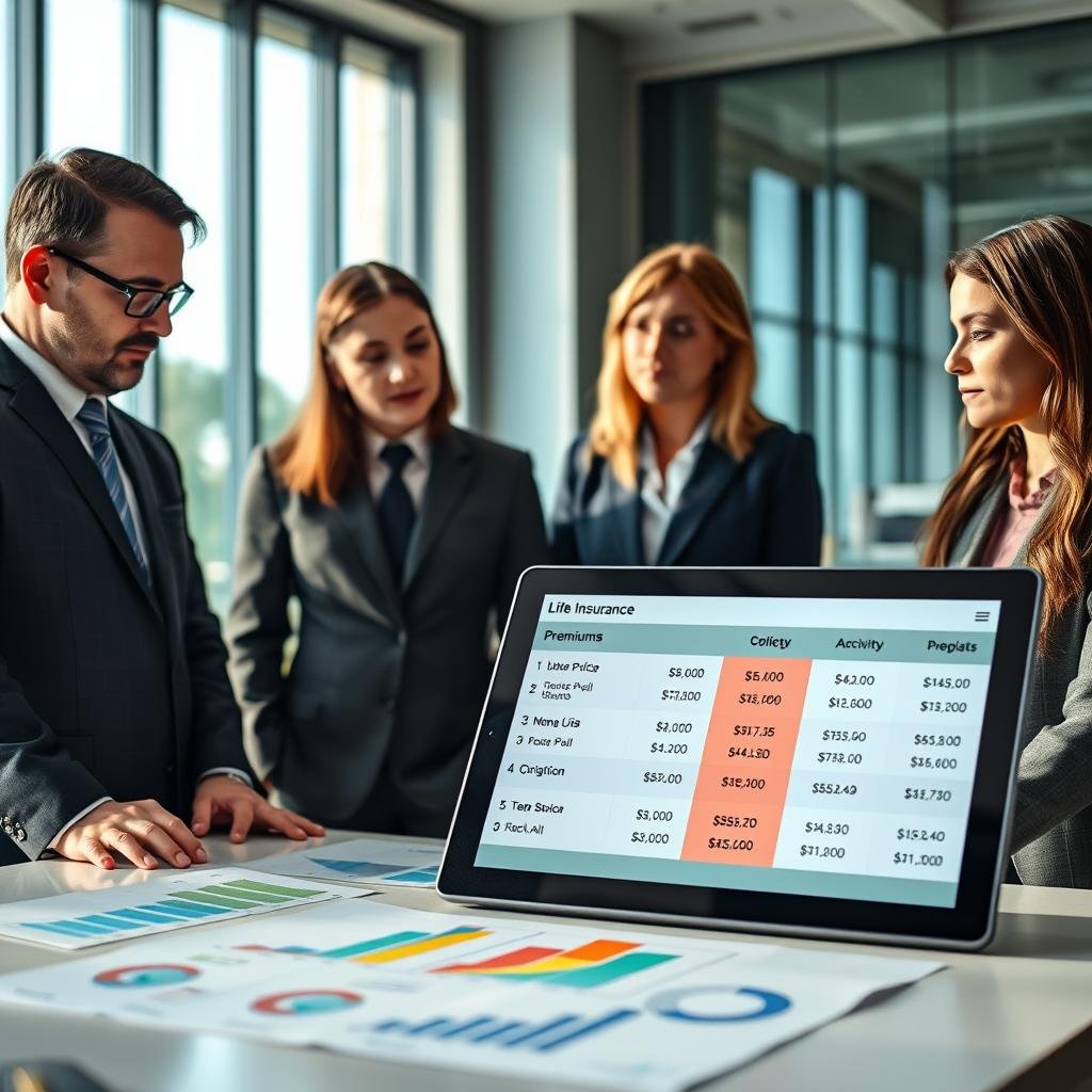 A professional and informative scene illustrating the comparison of life insurance premium costs. In the foreground, a diverse group of three professionals in business attire—two men and one woman—are engaged in serious discussion over color-coded charts and graphs displayed on a table. The middle ground features a large digital tablet showing various life insurance policy options with premium costs clearly represented. In the background, a modern office environment with large windows allows natural light to flood the space, creating a bright, optimistic atmosphere. The color palette should include calming blues and greens to evoke a sense of trust and security. Use a slight depth of field to focus on the subjects while softly blurring the background. The mood is focused, analytical, and professional.