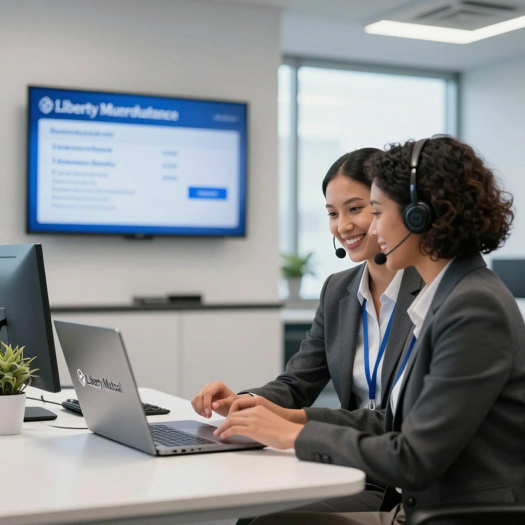 A professional and inviting customer support scene for Liberty Mutual Insurance. Foreground features a friendly customer service representative in business attire, engaging with a client via a laptop, both seated at a modern desk with Liberty Mutual branding. Middle ground includes a sleek office environment with a digital display showing insurance quotes. The background showcases a calming blue and white color scheme, symbolizing trust and professionalism. Soft, natural lighting filters through large windows, creating an uplifting atmosphere. Use a wide-angle lens to emphasize the engaging interaction while capturing a sense of openness and reassurance, perfect for illustrating customer support options.