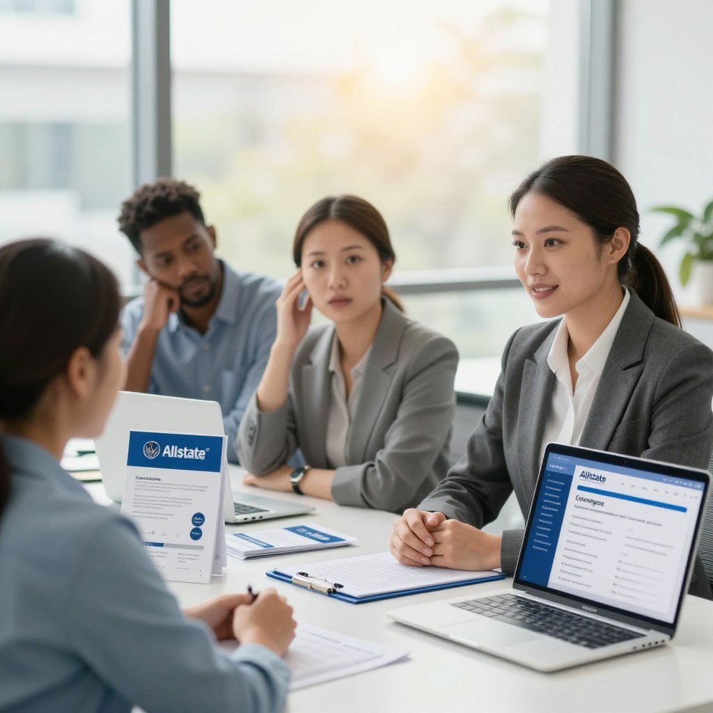 A professional and inviting office environment showcasing Allstate Specialty Insurance. In the foreground, a confident insurance agent in business attire is engaged in conversation with a diverse couple, who appear relieved and interested, symbolizing trust and support. The middle ground features a modern desk adorned with insurance brochures and a sleek laptop displaying coverage options. In the background, large windows allow warm, natural light to flood in, creating an optimistic atmosphere. Soft focus on a calming blue and white color palette throughout the scene enhances a sense of reliability. Capture this moment with a slight angle from the side to emphasize client interaction, enriching the portrayal of personalized insurance solutions for individuals and families.