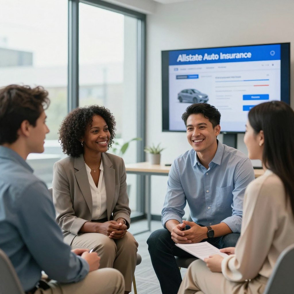 A professional business environment showcasing a diverse group of satisfied customers discussing their experiences with Allstate Auto Insurance. In the foreground, a diverse trio of individuals, including a middle-aged Black woman, a Hispanic male, and a young Asian female, all dressed in smart casual attire, are engaging in a positive conversation, smiling and exchanging feedback. The middle ground features a sleek, modern office space with a large window allowing natural light to flood in, reflecting a sense of transparency and trust. The backdrop includes a digital display of an auto insurance quote process, subtly hinting at Allstate branding without showing any logos or text. The scene conveys a warm, inviting atmosphere, emphasizing customer satisfaction and community engagement, with soft lighting accentuating the positive mood.