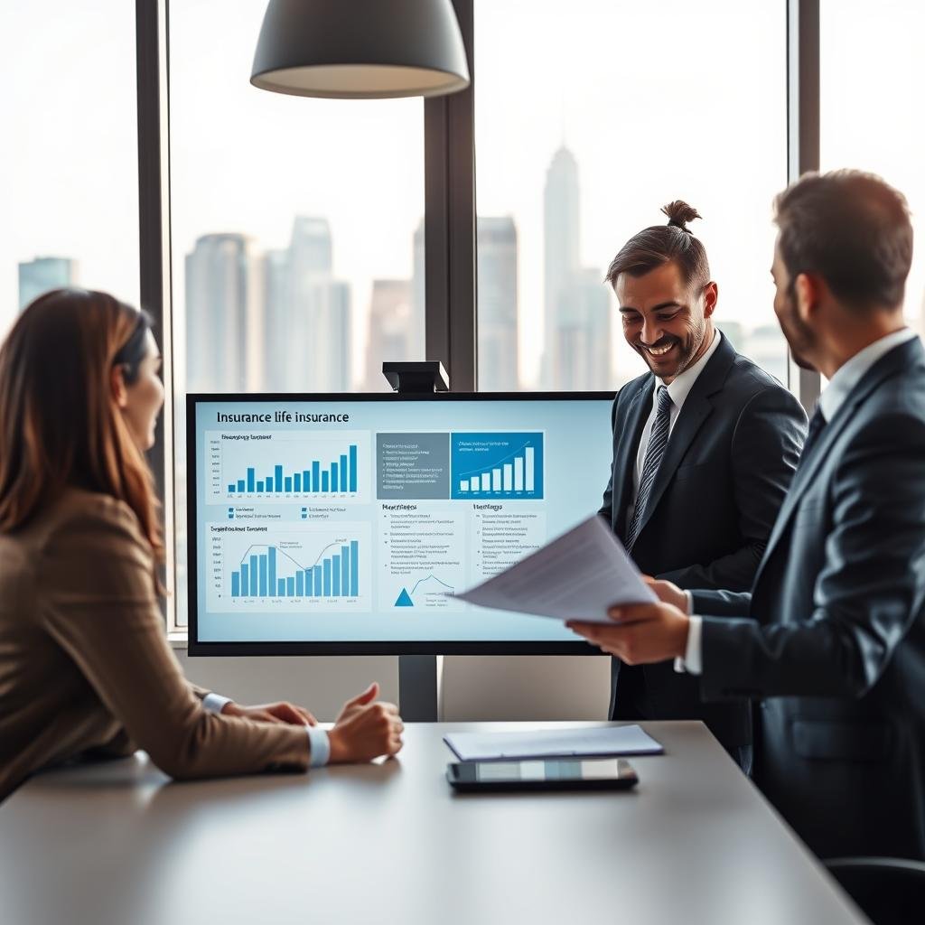A professional business meeting scene illustrating the concept of updating a key person life insurance policy. In the foreground, a diverse group of three individuals in business attire—two men and one woman—are engaged in a focused discussion around a conference table, with one person reviewing a document that outlines insurance details. In the middle, a digital presentation screen displays charts and graphs related to financial security and coverage options. In the background, large windows offer a view of a bustling city skyline under soft, natural lighting, creating a productive and optimistic atmosphere. The overall mood should convey professionalism, confidence, and the importance of strategic planning for company security. The angle is slightly elevated to capture the interaction and the informative ambiance of the meeting. A professional business meeting scene illustrating the concept of updating a key person life insurance policy. In the foreground, a diverse group of three individuals in business attire—two men and one woman—are engaged in a focused discussion around a conference table, with one person reviewing a document that outlines insurance details. In the middle, a digital presentation screen displays charts and graphs related to financial security and coverage options. In the background, large windows offer a view of a bustling city skyline under soft, natural lighting, creating a productive and optimistic atmosphere. The overall mood should convey professionalism, confidence, and the importance of strategic planning for company security. The angle is slightly elevated to capture the interaction and the informative ambiance of the meeting.