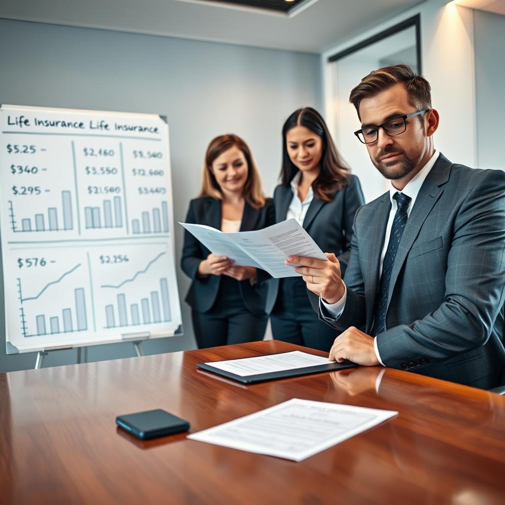 A professional business setting featuring a confident insurance agent in a smart suit, seated at a polished wooden desk to the foreground, discussing life insurance options with a couple dressed in modest business attire. The couple is examining a life insurance policy document, showcasing figures and coverage amounts. In the middle ground, a whiteboard filled with graphs and numbers illustrating various life insurance coverage amounts is visible, highlighting the importance of adequate coverage. In the background, a sleek office with soft, warm lighting illuminates the scene, creating a welcoming atmosphere. The perspective is slightly angled from above, providing a clear view of the interaction while maintaining focus on the documents. The overall mood conveys reassurance, professionalism, and trust.